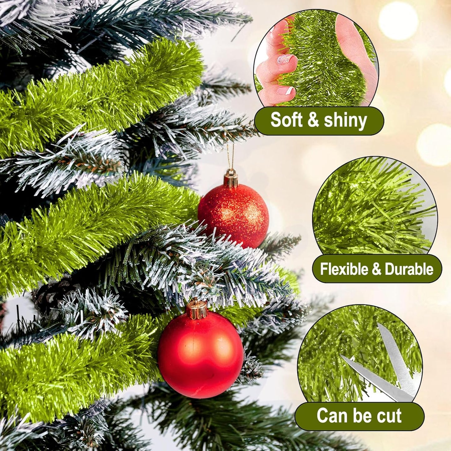 25 Feet Light Green Christmas Tinsel Garland, Metallic Foil Twist Garland Wall Hanging Tinsel Banner Backdrop for Parade Floats, Easter, Mother's Day, Birthday Party Decorations (4in x 25ft)