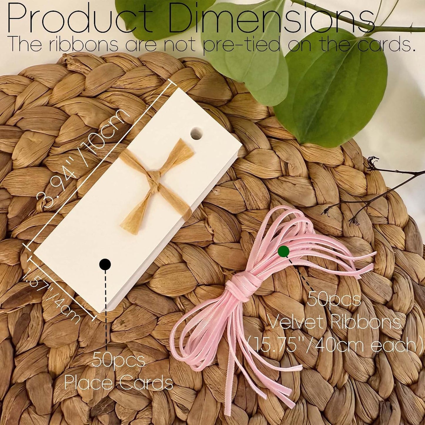 50 Pcs Place Cards for Table Setting -3.94"X1.57" Table Place Cards with Velvet Ribbon,Name Cards for Wedding Dinner Party Events (Pink)