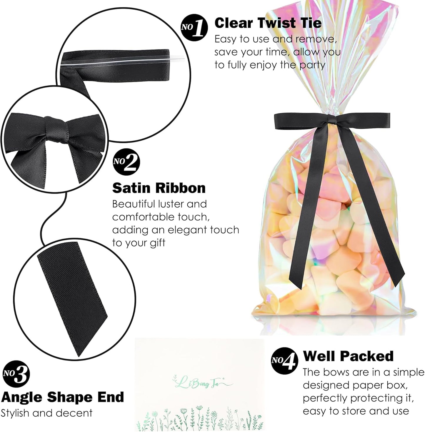 50 PCs Black Bow 5 Inch Long Tail Bows for Gift Wrapping, Easter Bow Party Decorations, Twist Tie Bows, Satin Bows for Crafts, Premade Bows for Presents, Treat Bags, Bottles, Cakes