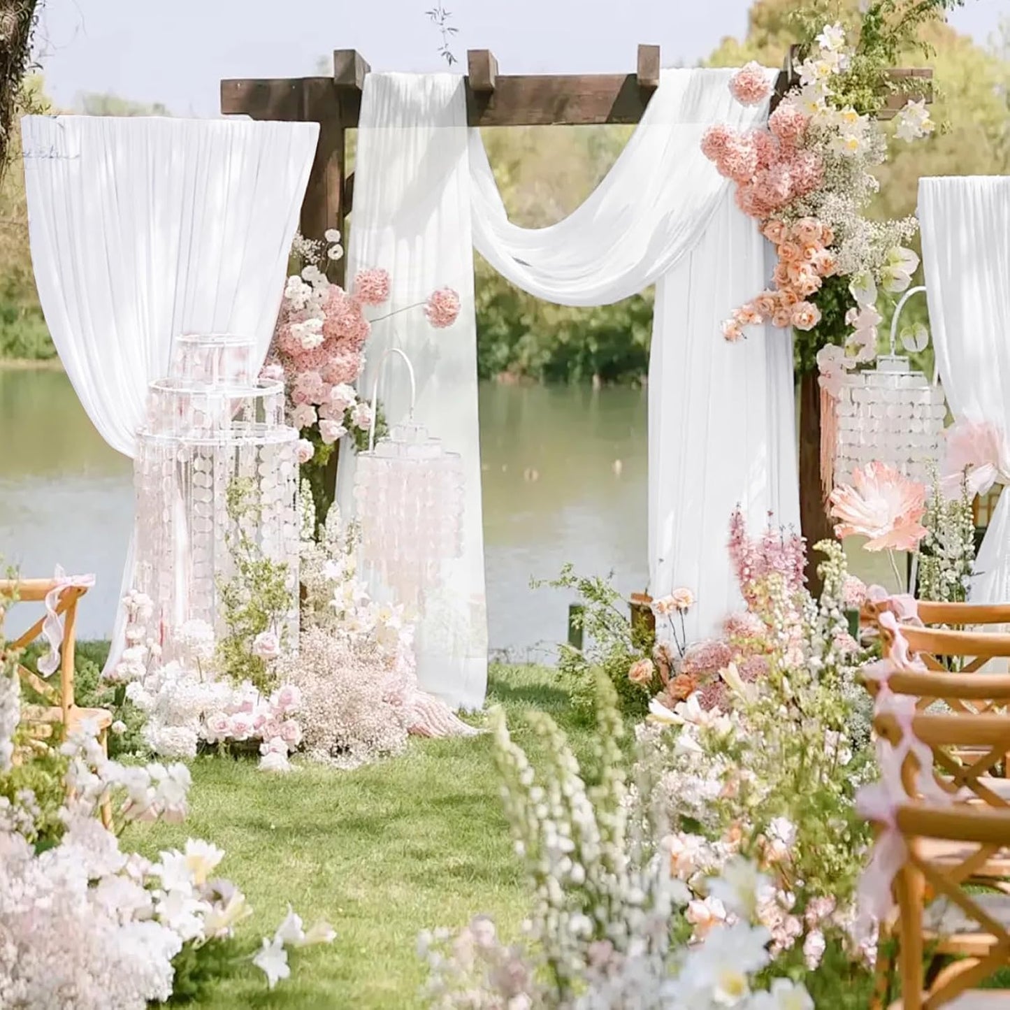 VOK White Wedding Arch Draping Fabric 29in x 18Ft 4 Panels Sheer Chiffon Curtain Drapes Extra Long for Outdoor Wedding Ceremony Birthday Party Decoration