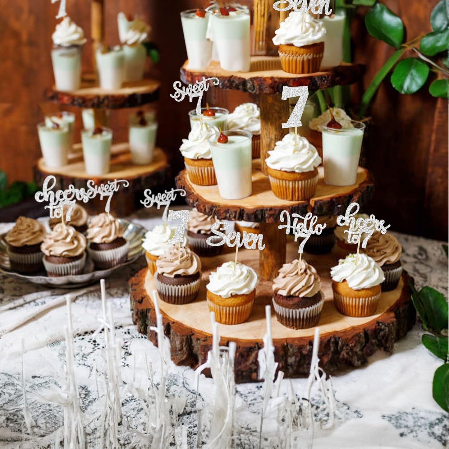 30Pcs 7th Birthday Cupcake Toppers Glitter Seven Happy 7 Cupcake Picks Cheers to 7 Years Old Cake Decorations for 7th Birthday Party Supplies Silver