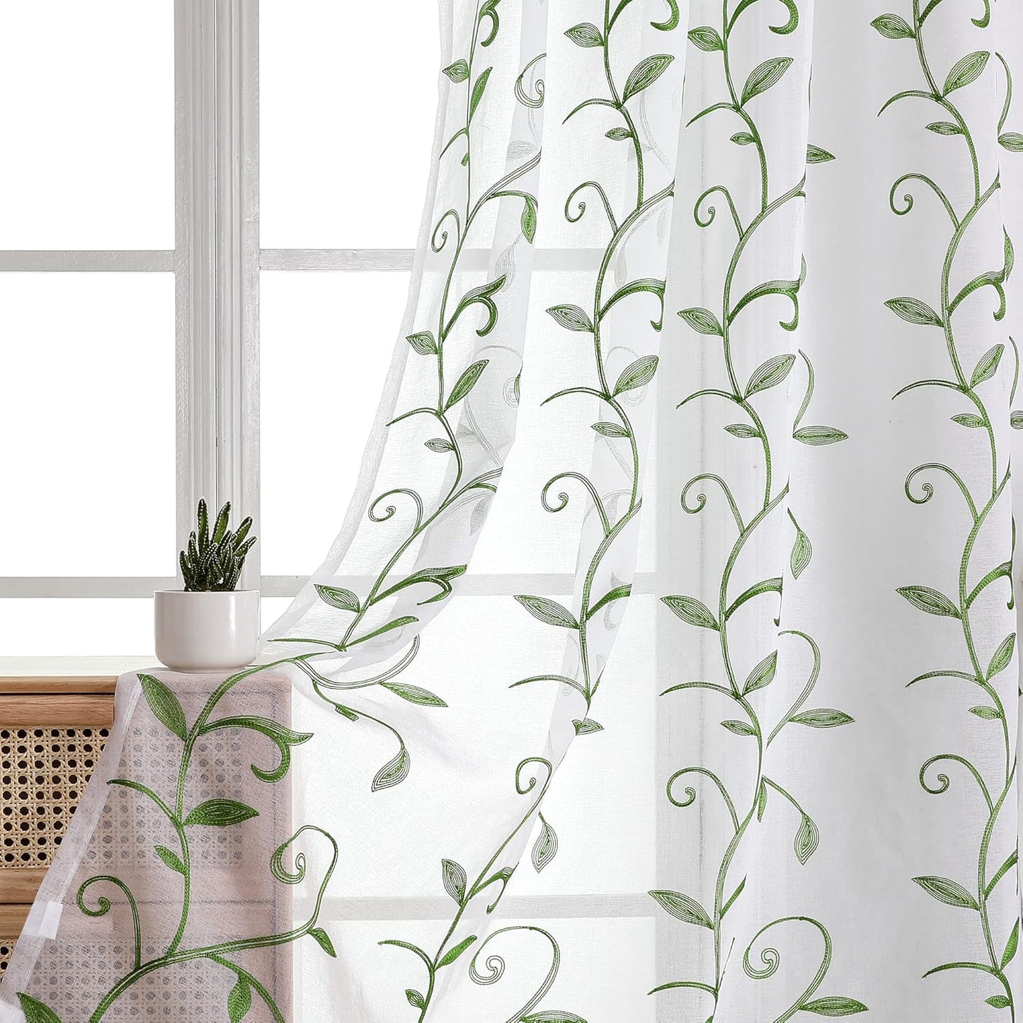 VISIONTEX Embroidered Green Sheer Voile Curtains, Leaves Embroidery Faux Linen Rod Pocket Window Drapes for Living Room and Girls Bedroom 54 x 108 Inch, Set of 2 Curtain Panels