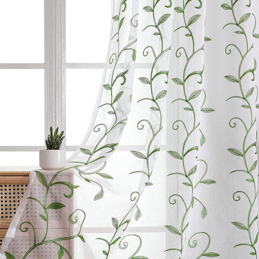 VISIONTEX Embroidered Green Sheer Voile Curtains, Leaves Embroidery Faux Linen Rod Pocket Window Drapes for Living Room and Girls Bedroom 54 x 108 Inch, Set of 2 Curtain Panels