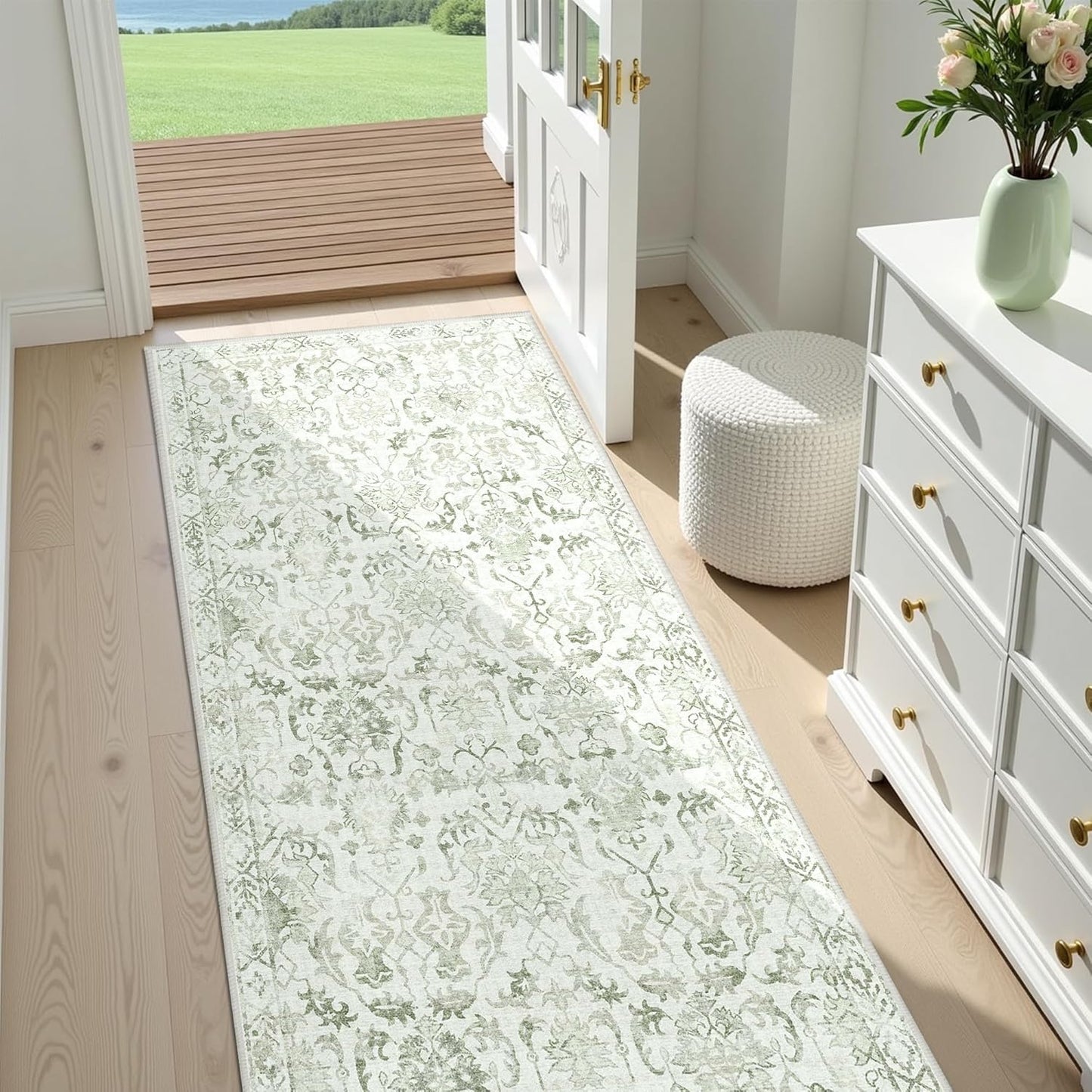 Sage Green 2x6 Runner Rug for Hallways Bed Side Kitchen, Boho Washable Distressed Low-Pile Floor Entryway Long Bathroom Mat, Non-Slip Laundry Room Washstand Front Carpet Green 24x72 Inch