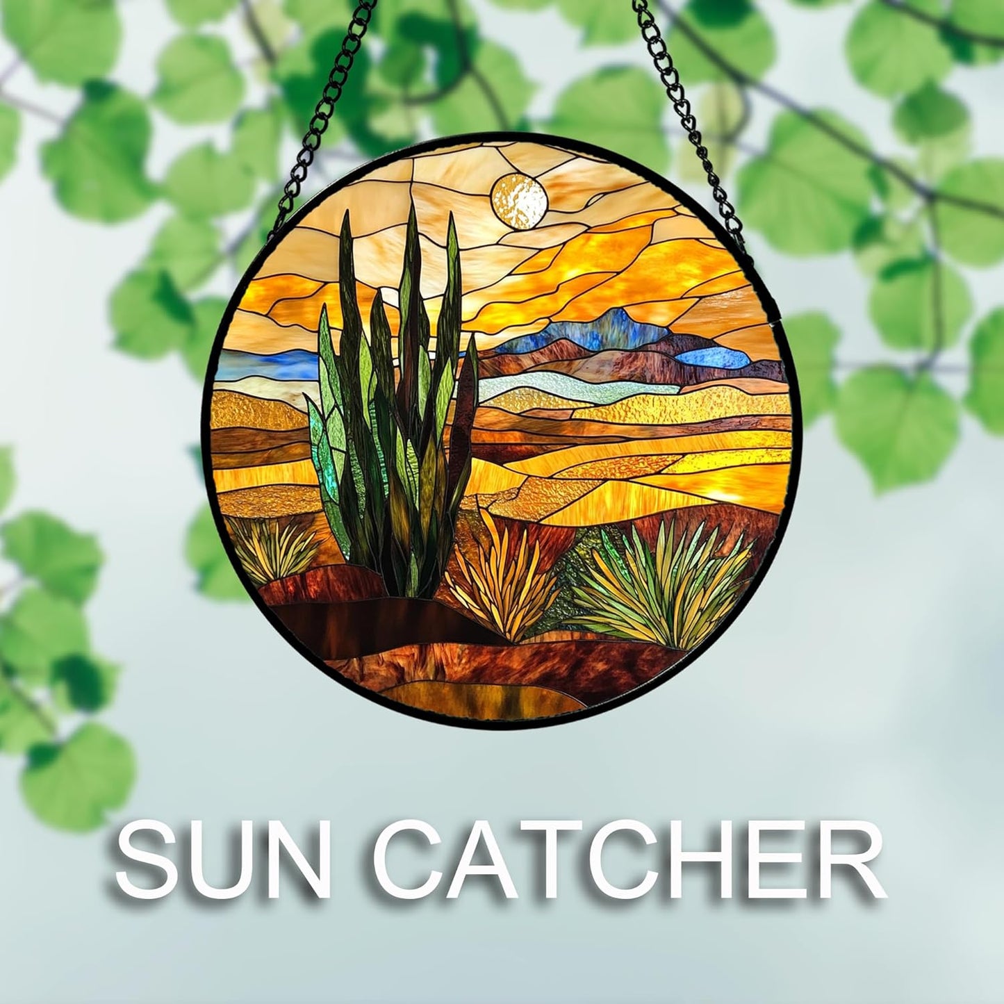 Stained Glass Window Hanging 4 Pcs Set Desert Sunset Theme Landscape Large 15" - Suncatcher Door Garden Sun Catcher Decor Birthday Christmas for Mom Woman Nana Men