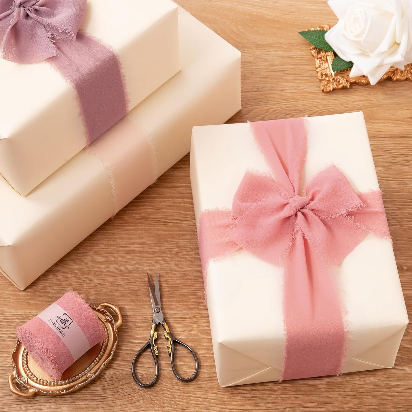 DORIS HOME 2" x21Yd Chiffon Ribbon for Flower Bouquet, Pink & Dusty Rose Fabric Ribbon for Gift Wrapping, Handmade Frayed Ribbon for Wedding/Christmas Decorations