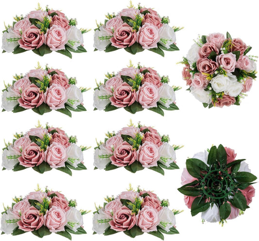 BLOSMON Dusty Rose Flowers Centerpieces: 10 Pieces Pink Roses Artificial Flower Balls for Wedding Dinning Table - Fake Silk Kissing Floral Arrangements for Home Party Event Decor
