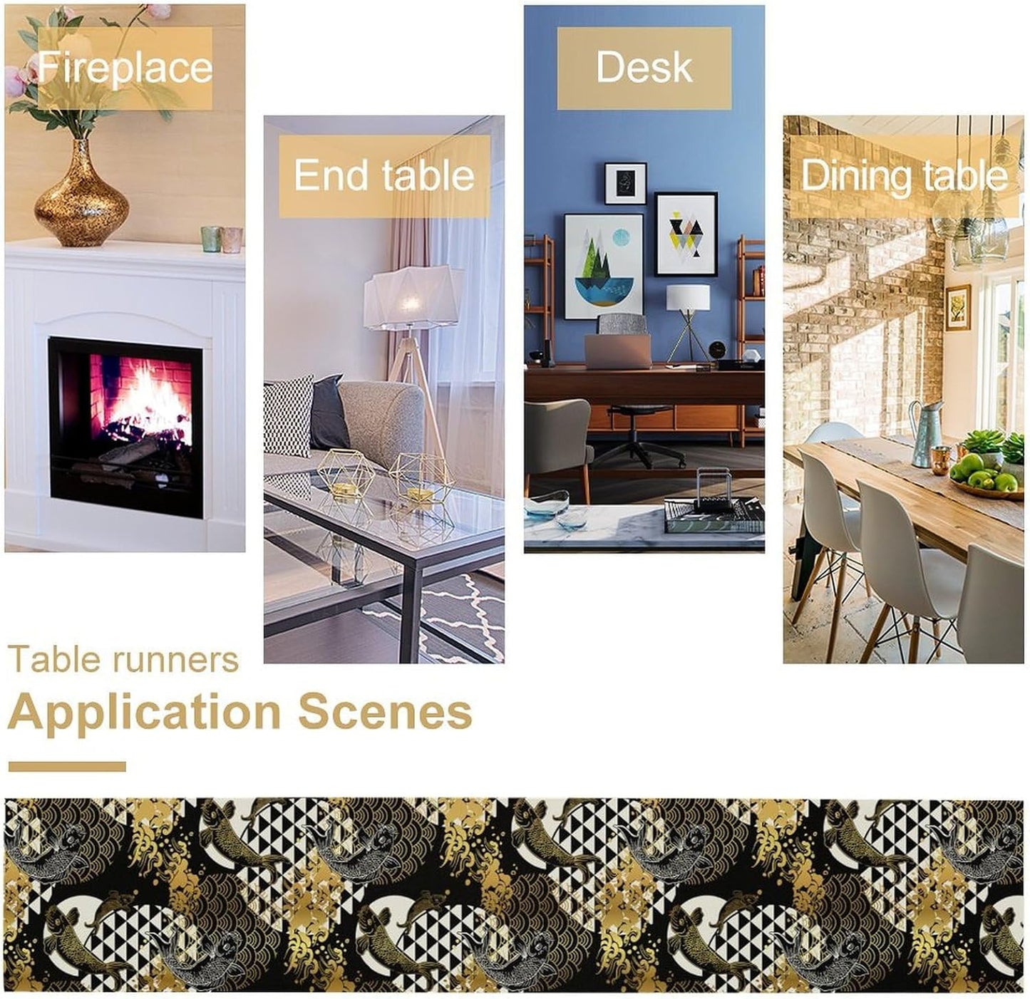 Japanese Table Runner Oriental Tradition Kio Fish Gold Art Printed Burlap Runner Home Kitchen Dining Table Living Room Decor Fabric 1 Panel W13xL90in