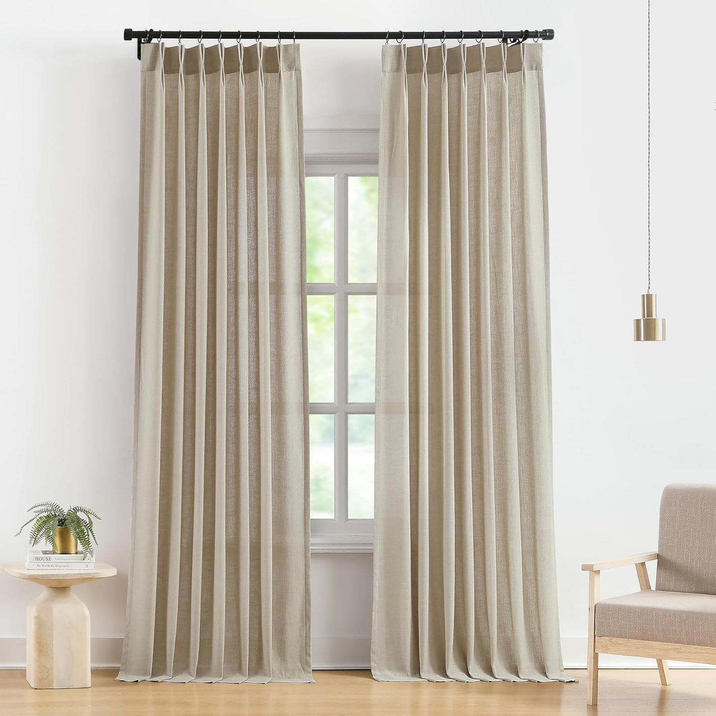 Vision Home Sand Pinch Pleated Semi Sheer Curtains Textured Linen Blended Light Filtering Window Curtains 95 inch for Living Room Bedroom Pinch Pleat Drapes with Hooks 2 Panels 40" Wx95 L,Camel Beige