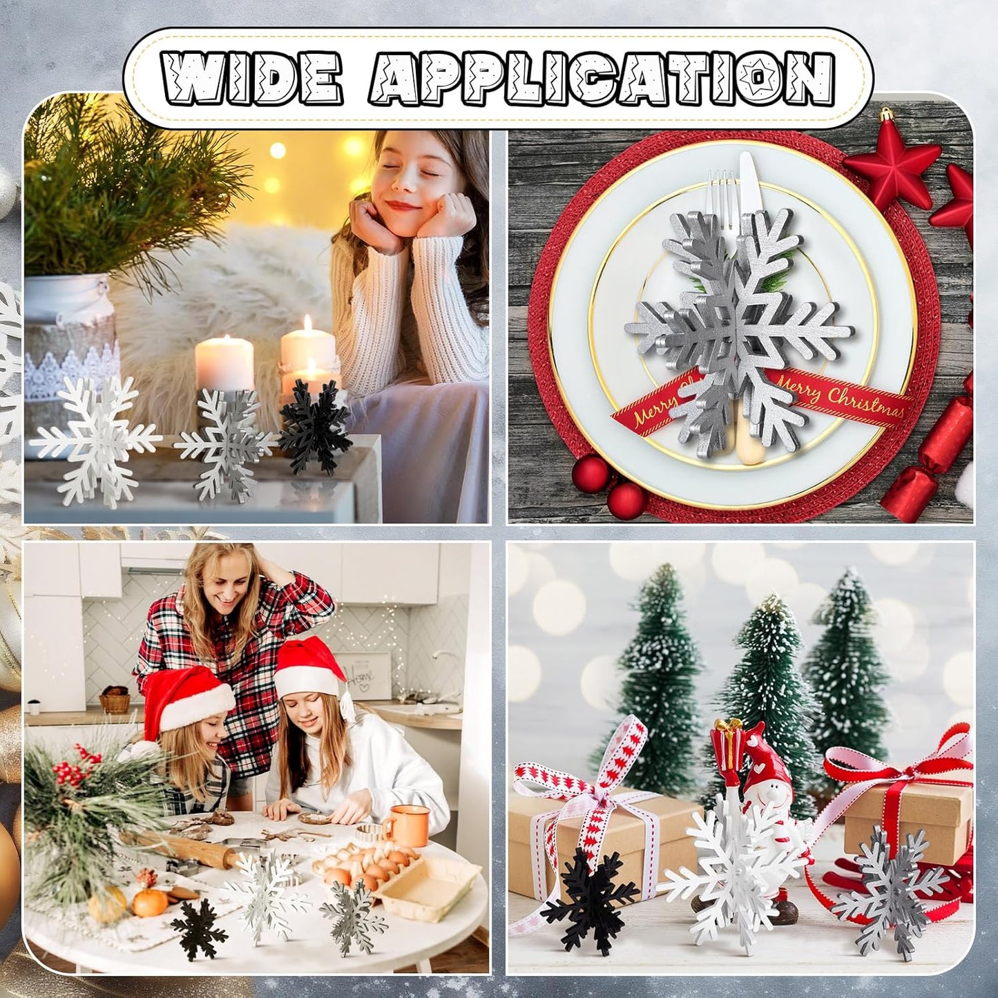 Bucherry 12 Pcs Wooden Snowflake Table Decor 3D Snowflake Tabletop Signs and Centerpiece for Christmas Xmas Winter Wonderland Decorations Home Party(White, Gray, Black)
