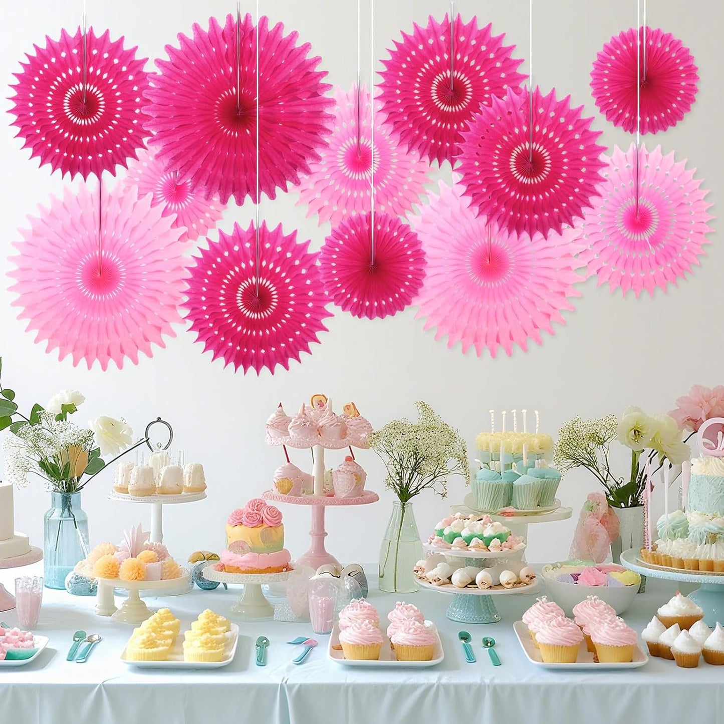Outus 12 Pcs Hanging Honeycomb Paper Fans Sets, Fiesta Hot Pink Party Decorations, Tissue Paper Flowers Supplies for Birthday Wall Classroom Wedding Photo Backdrop (8/12/16 Inch)