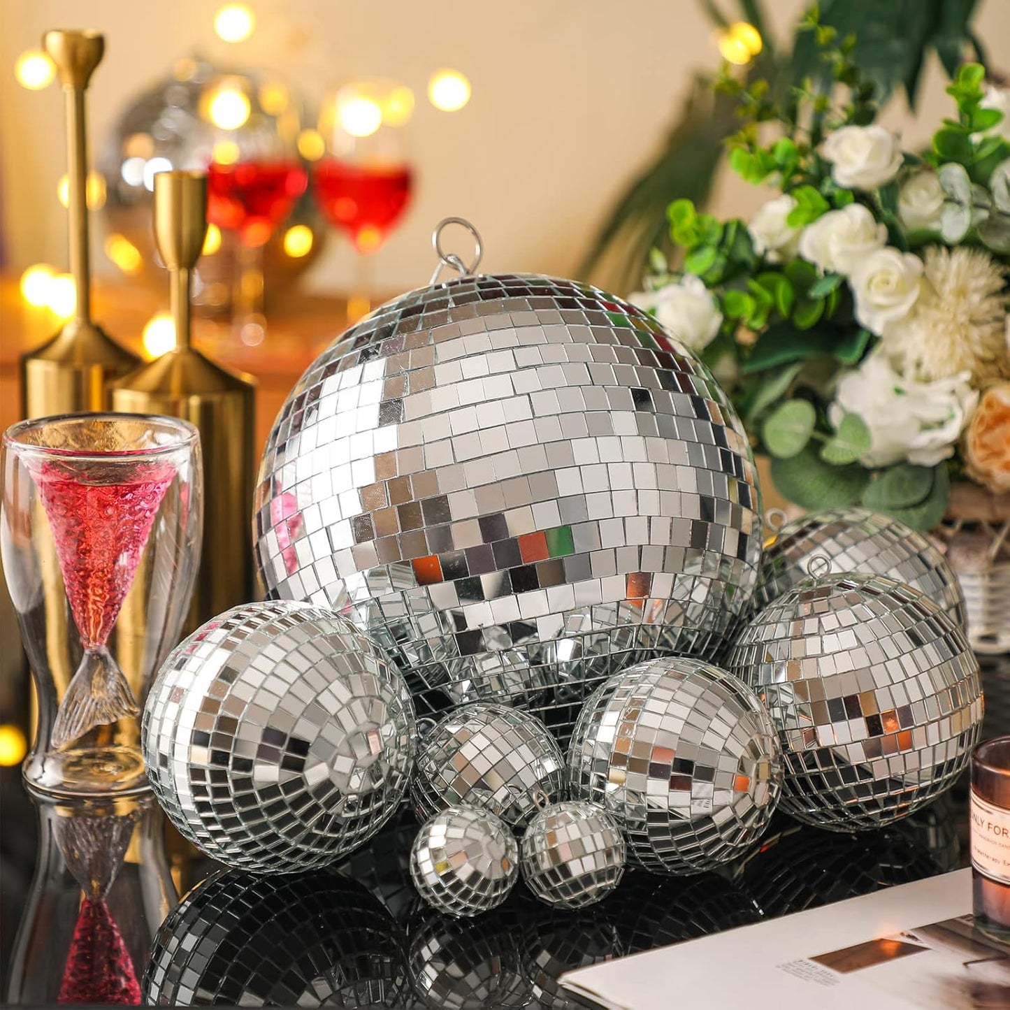Haull 8 Pcs Large Disco Ball Set Silver Mirror Disco Reflective Ball with Hanging Ring Party Ornament Decoration for Stage Club Ballroom Dance Hall Wedding Prom Props(12'', 8'', 6'', 4'')