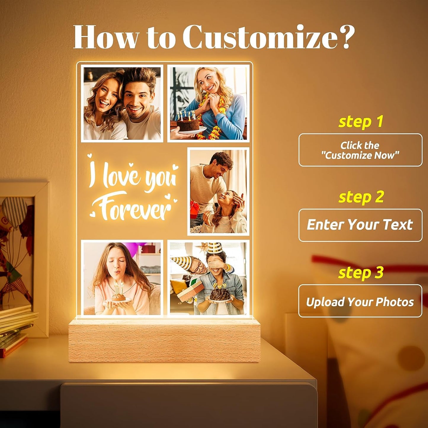 Custom Picture Frames with Photos, Customized Photo Frame with Night Light, Personalized Picture Frame, Personalized Anniversary Birthday Gifts for Women Men Him Her Girlfriend Boyfriend Couples
