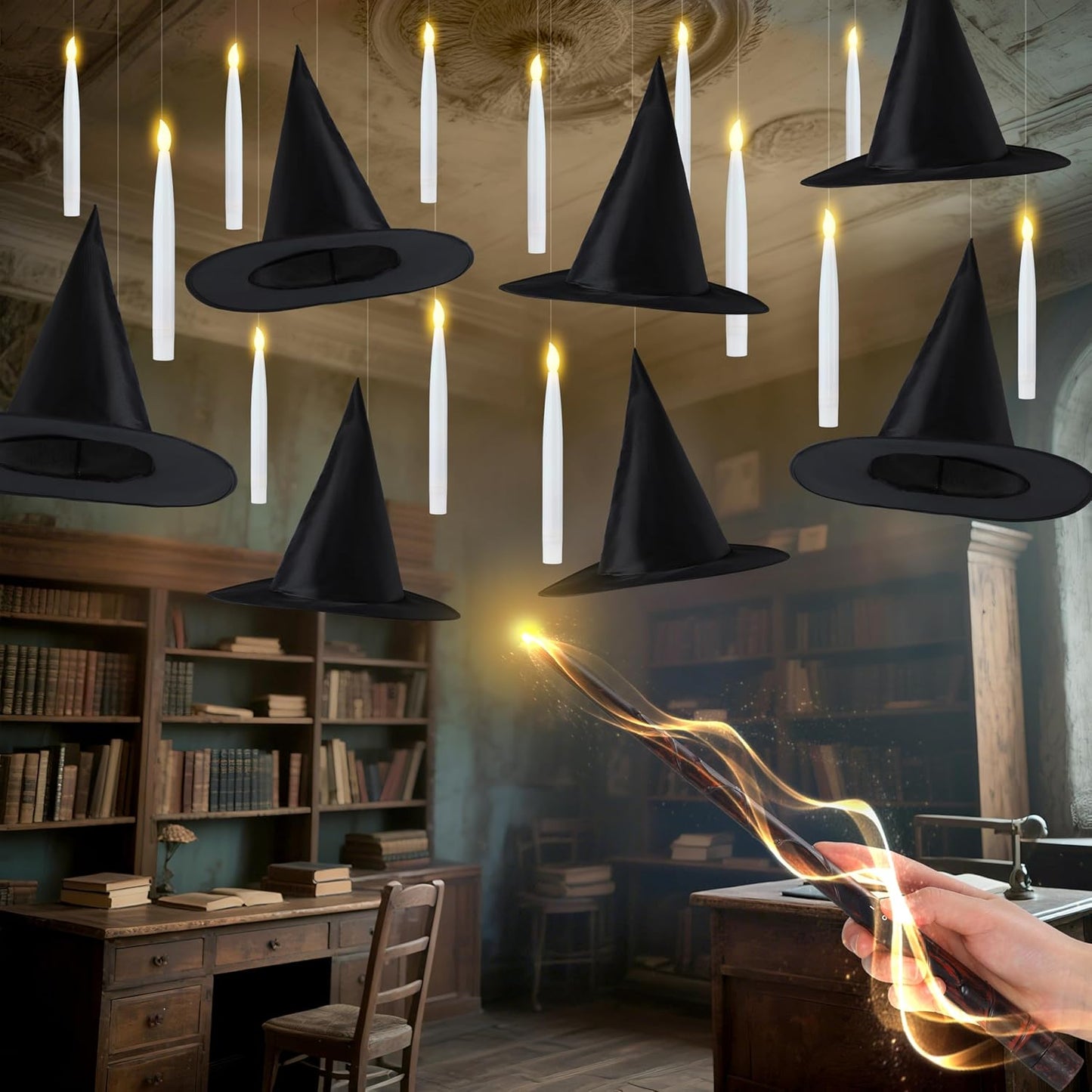 JOYIN 20Pcs Halloween Floating Candles and Witch Hat Light Up with Wand Remote Set Magic Hanging Candles and Wizard Hat with 2 Light Mode and Timer for Halloween Window Ceiling Porch Theme Party Decor