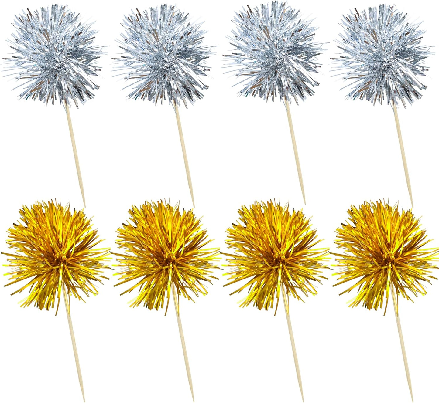 Ephlyn 30Pcs Foil Firework Cupcake Toppers Party Birthday Cake Toppers Supplies Sparkle Tinsel Cocktail Fruit Toothpick for Birthday Wedding Graduation Party Supplies Gold Silver