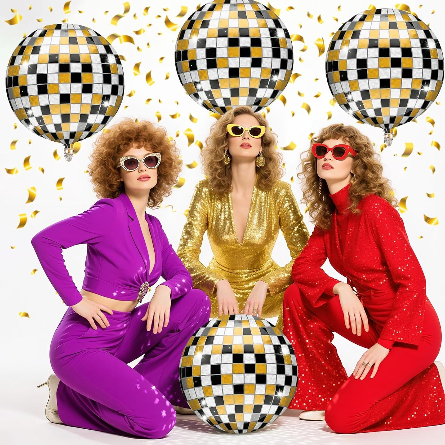 Iridescent Disco Ball Balloons 4PC,Foil Disco Balloons 22 Inch 4D Round Balloon for 70s 80s Birthday Bachelorette Graduation Decorations