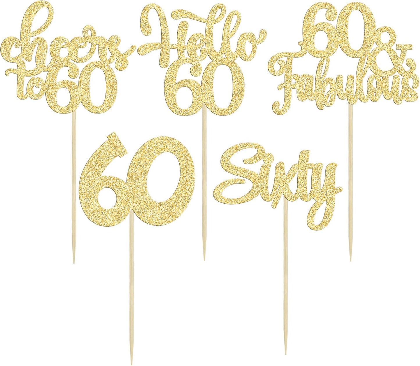 30Pcs Happy 60th Birthday Cupcake Toppers Gold Glitter Sixty Cake Toppers Cheers to 60 Years Old Birthday Cupcake Picks for 60th Birthday Anniversary Party Cake Decorations Supplies