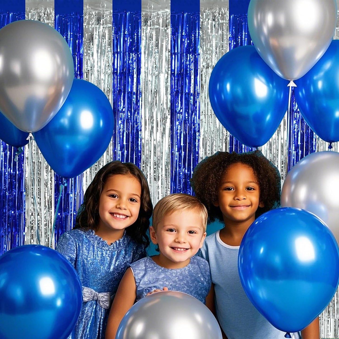 BEISHIDA 2Pcs Blue Silver Door Streamers Congrats Grade 2025 Decoration Backdrop Foil Fringe Tinsel Party Streamers Curtains for Birthday Graduation Winter Party Decoations (3.28 ft x 6.56 ft)