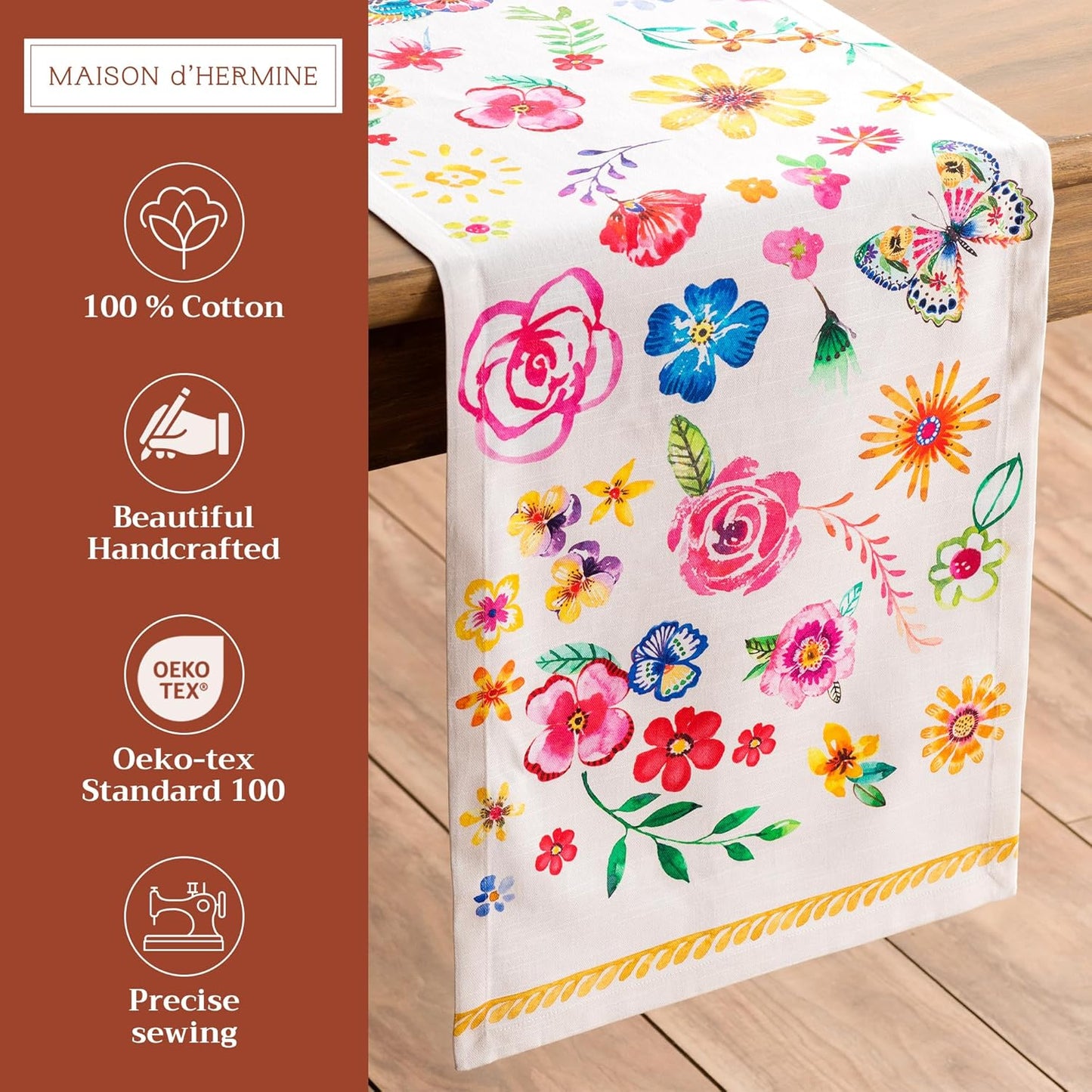 Maison d' Hermine Table Runner 100% Cotton Single Layer Table Runners 108 inches Long Decorative for Home Dining Party Wedding Bridal Shower Spring Summer (Happy Florals - Sweety, 14.50" x 108")
