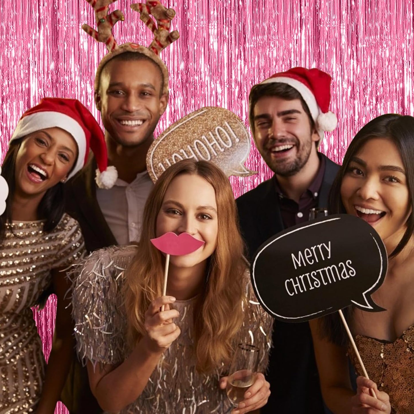 2 Pack Foil Curtain Backdrop Pink Metallic Tinsel Foil Fringe Curtains Photo Booth Props for Birthday Wedding Engagement Baby Shower Bachelorette Christmas Holiday Celebration Party Decorations