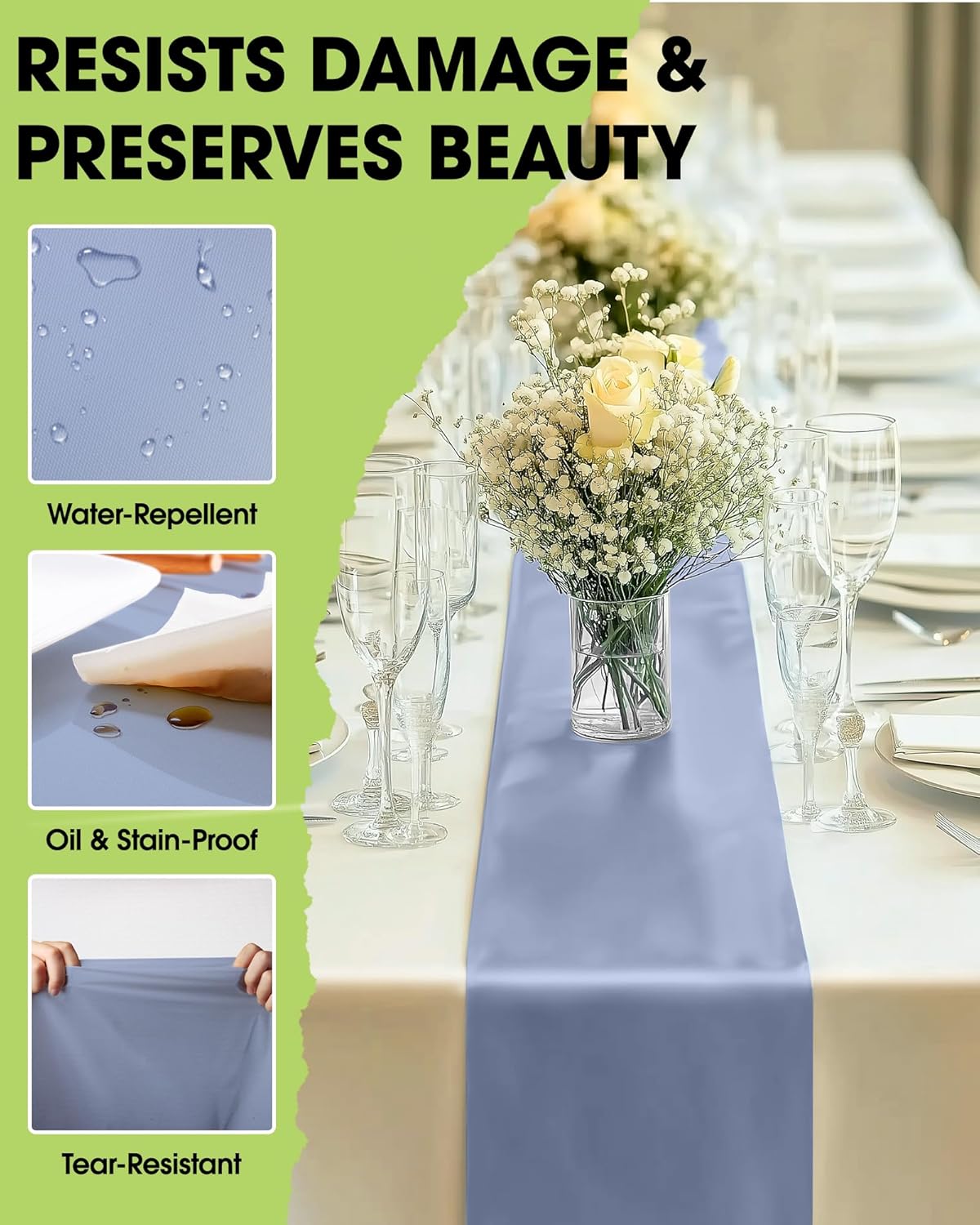 Pureegg Dusty Blue Plastic Table Runners - 10 Pack, 14'' x 108'', Water Resistant & Disposable Centerpiece Decorations for Table Cloth, Wedding, Birthday, Holiday, Baby Shower, Party, Home Decor