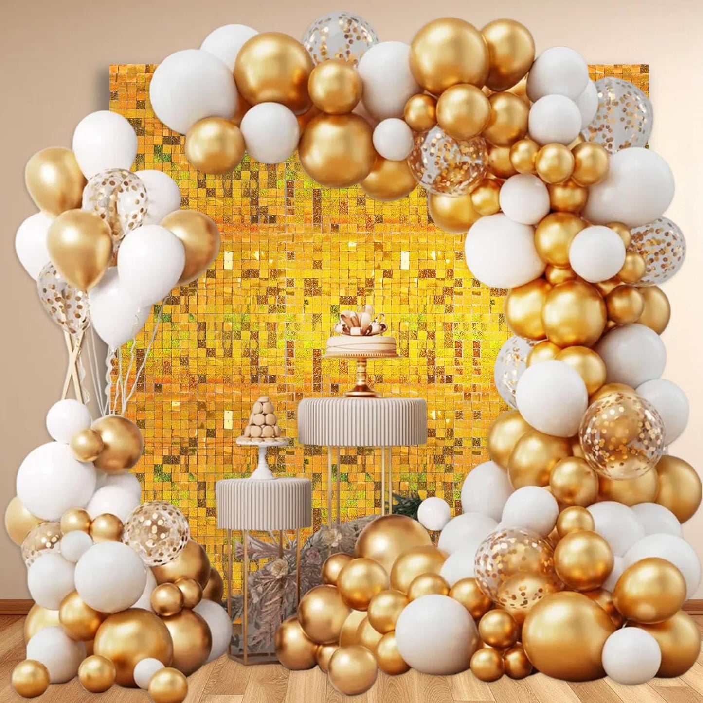 24PCS Gold Shimmer Wall Backdrop, Laser Square Sequin Photo Backdrops Panel, Glitter Wall Background for Birthdays, Weddings, Christmas, Engagements, Disco Bachelorette Party Decoration (4FTx6FT)