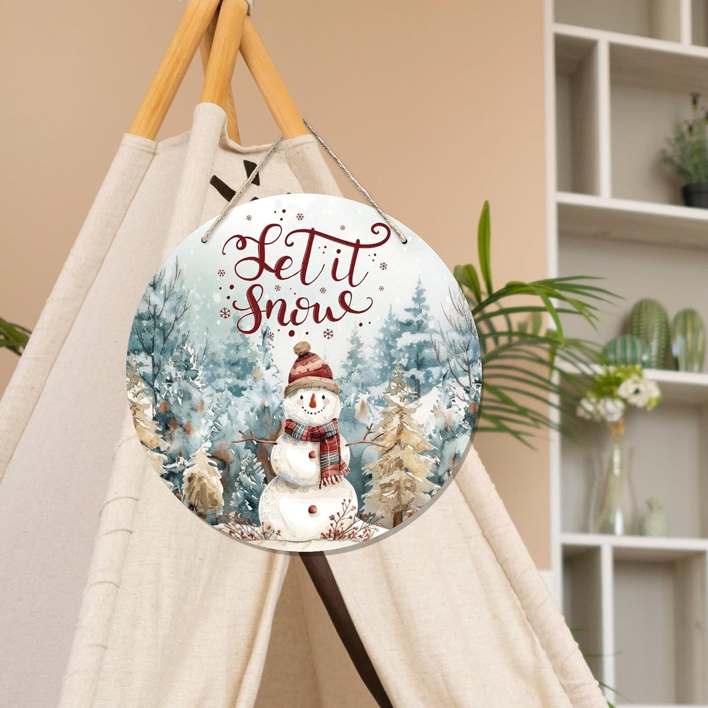 CGBHW Winter Snowman Wooden Sign, Christmas Xmas Pine Tree Landspace Hanging Sign Wall Decor for Farmhouse Home, Holiday Snowy Let it Snow Rustic Door Decor 12 x 6 Inch