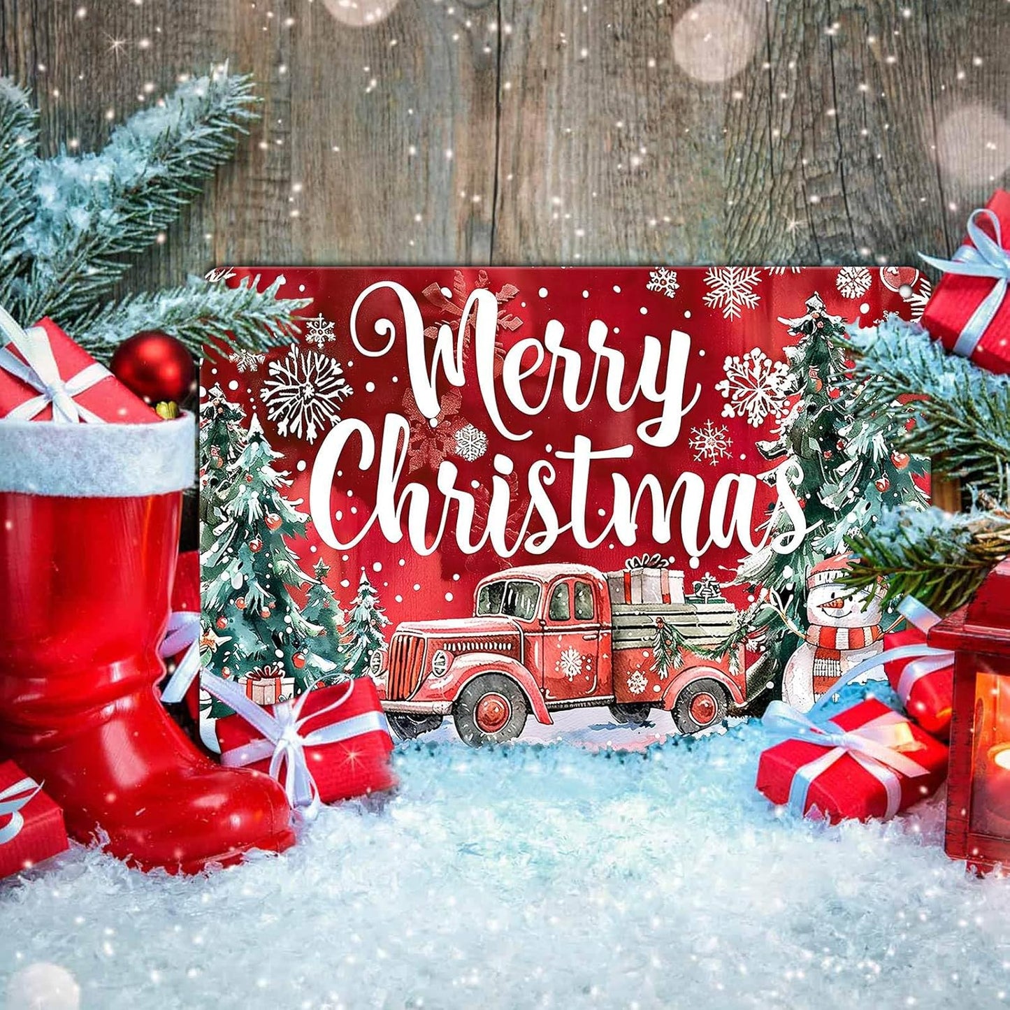 Christmas Truck Metal Tin Sign Merry Christmas Sign Funny Snowman Tin Sign Christmas Tree House Decoration for Indoor Home House Decor Party Supplies 8x12Inch