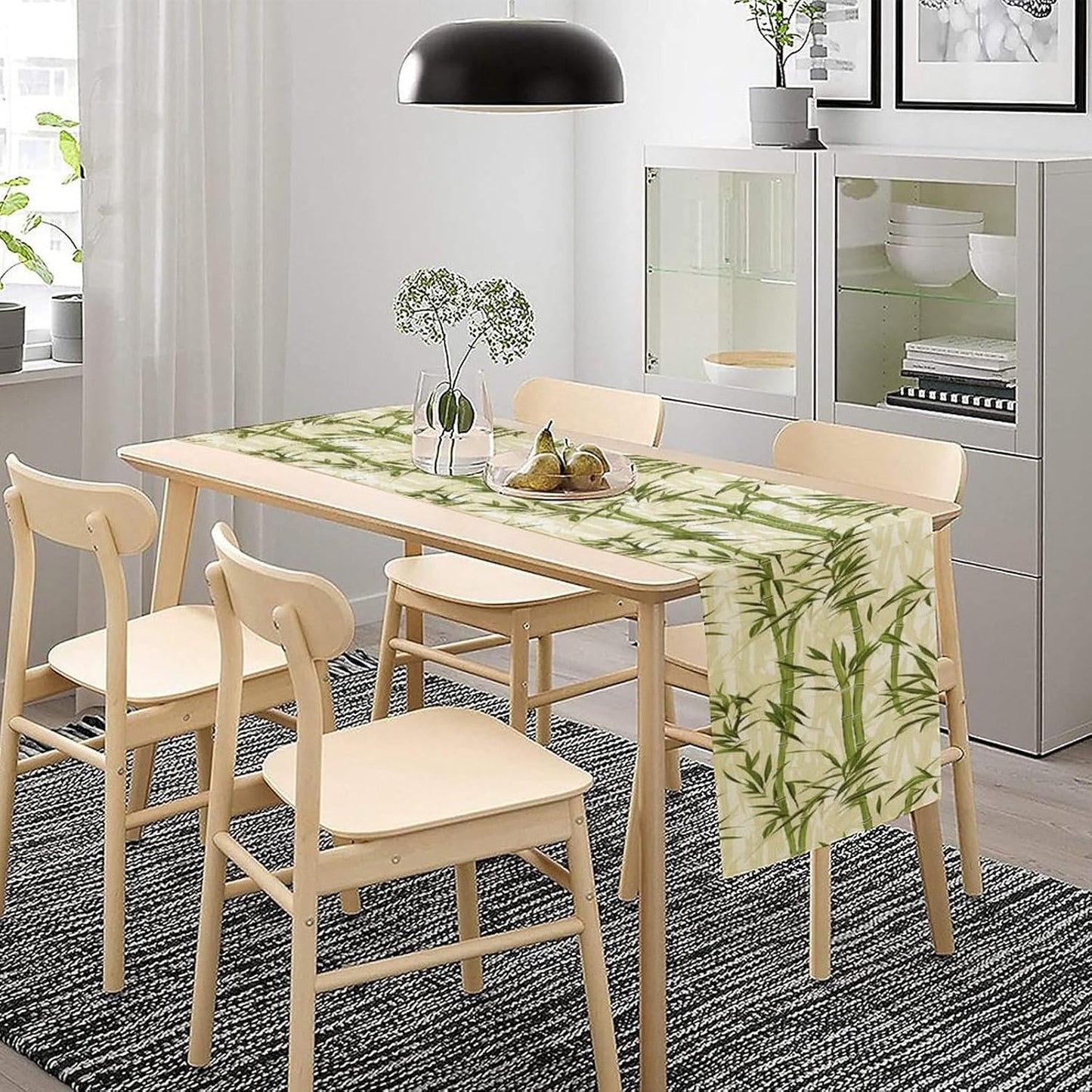 Bamboo Table Runner,Green Plant Leaf Pattern Table Cloth Kitchen Dining Table Home Party Decoration 13x108 Inch