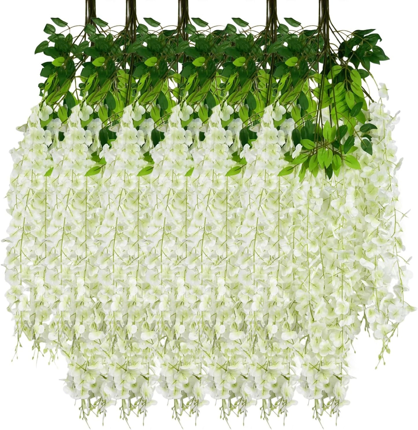 24 Pack White Green Wisteria Hanging Flowers Garland, 3.77 Feet Artificial Flower Vines, Fake Wisteria, Artificial Vines Hanging Garland for Backdrop Outdoor Yard Garden Decor