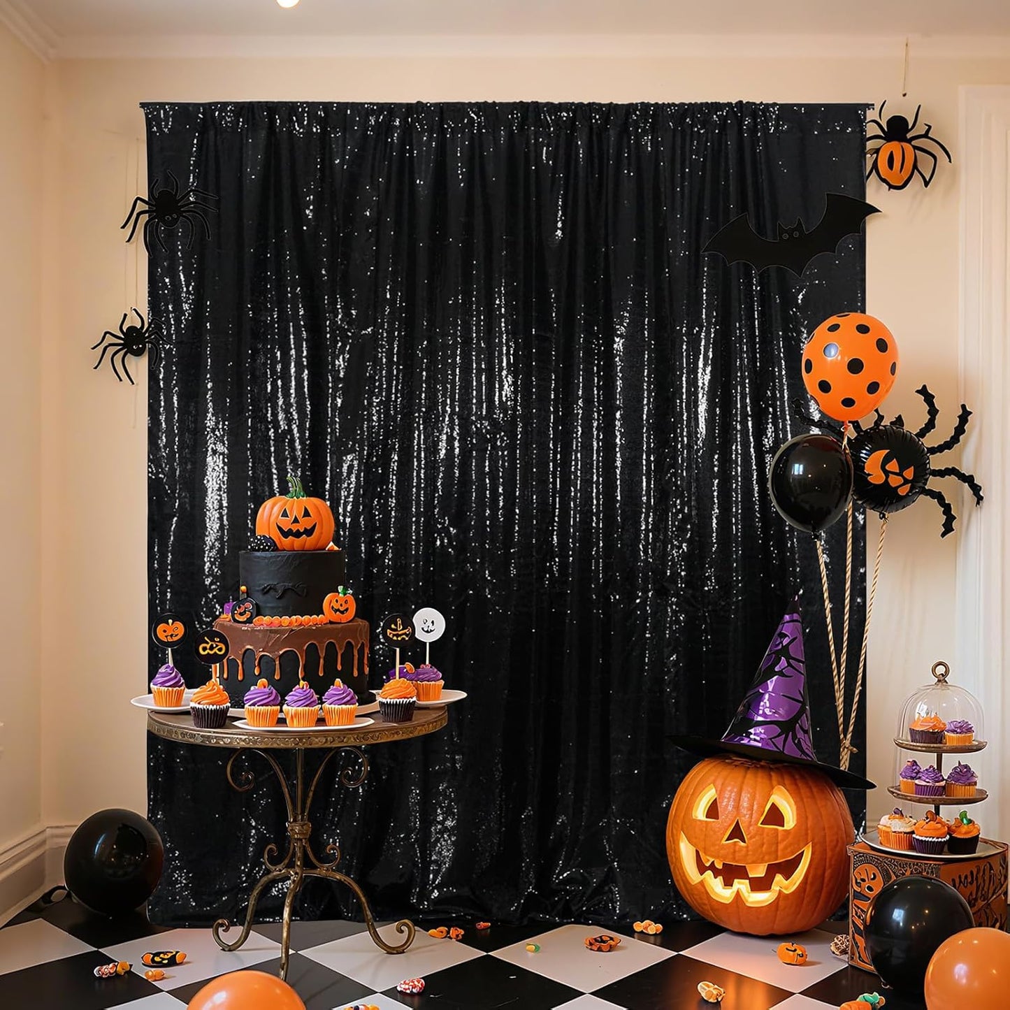 Poise3EHome 6Ft x 8Ft Black Sequin Backdrop, Glitter Thick Satin Background Drapes, Sparkly Opaque Photography Curtain, Sequence Xmas Thanksgiving Backdrop for Wedding Party Holiday Festival Decor