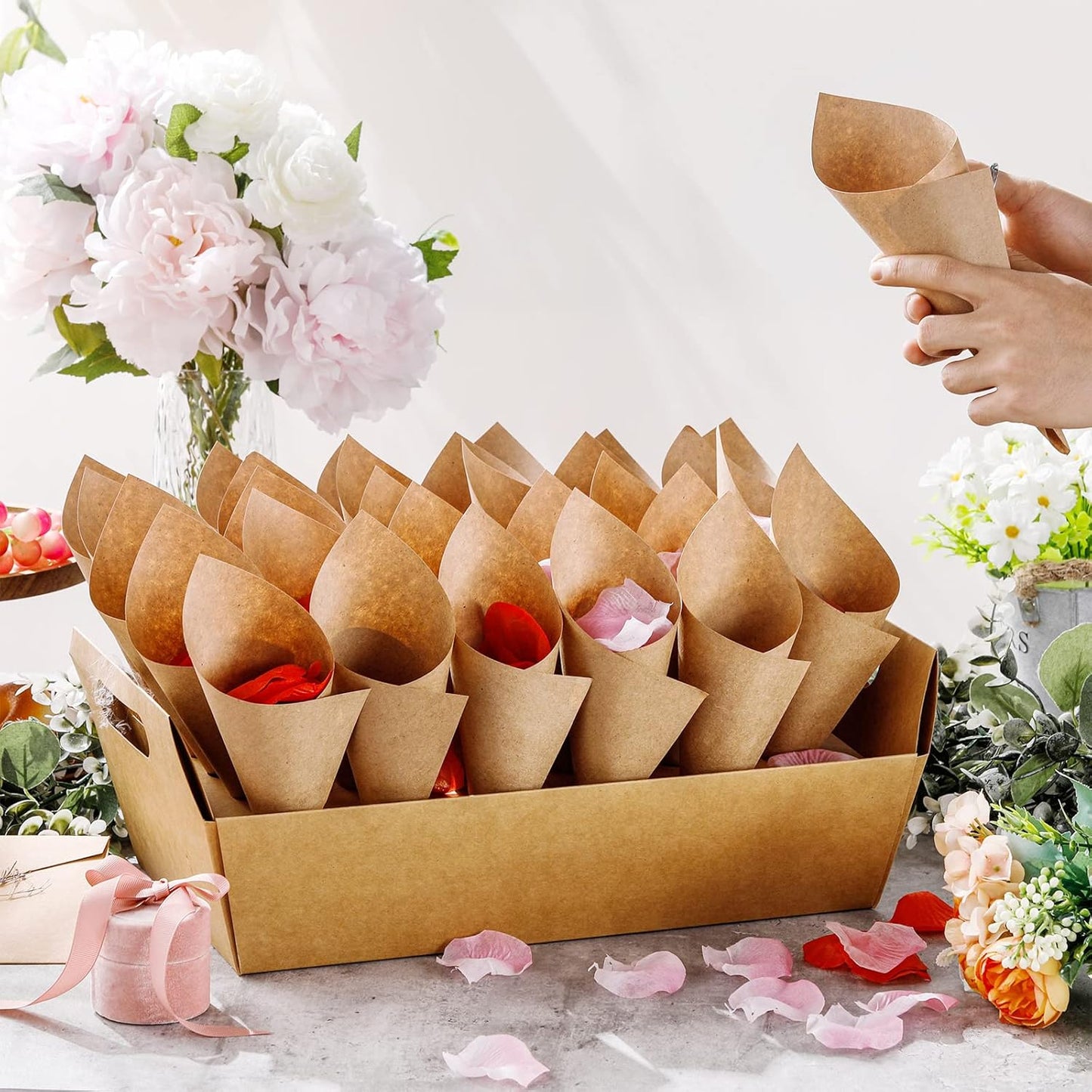 6 Set Wedding Confetti Cone Holder Box Each Includes 30 Pieces of Cone Papers and 30 Holes for 30 Confetti Cones Box Party Confetti Cone Kraft Stand Tray Box for Wedding Party Candy Flower