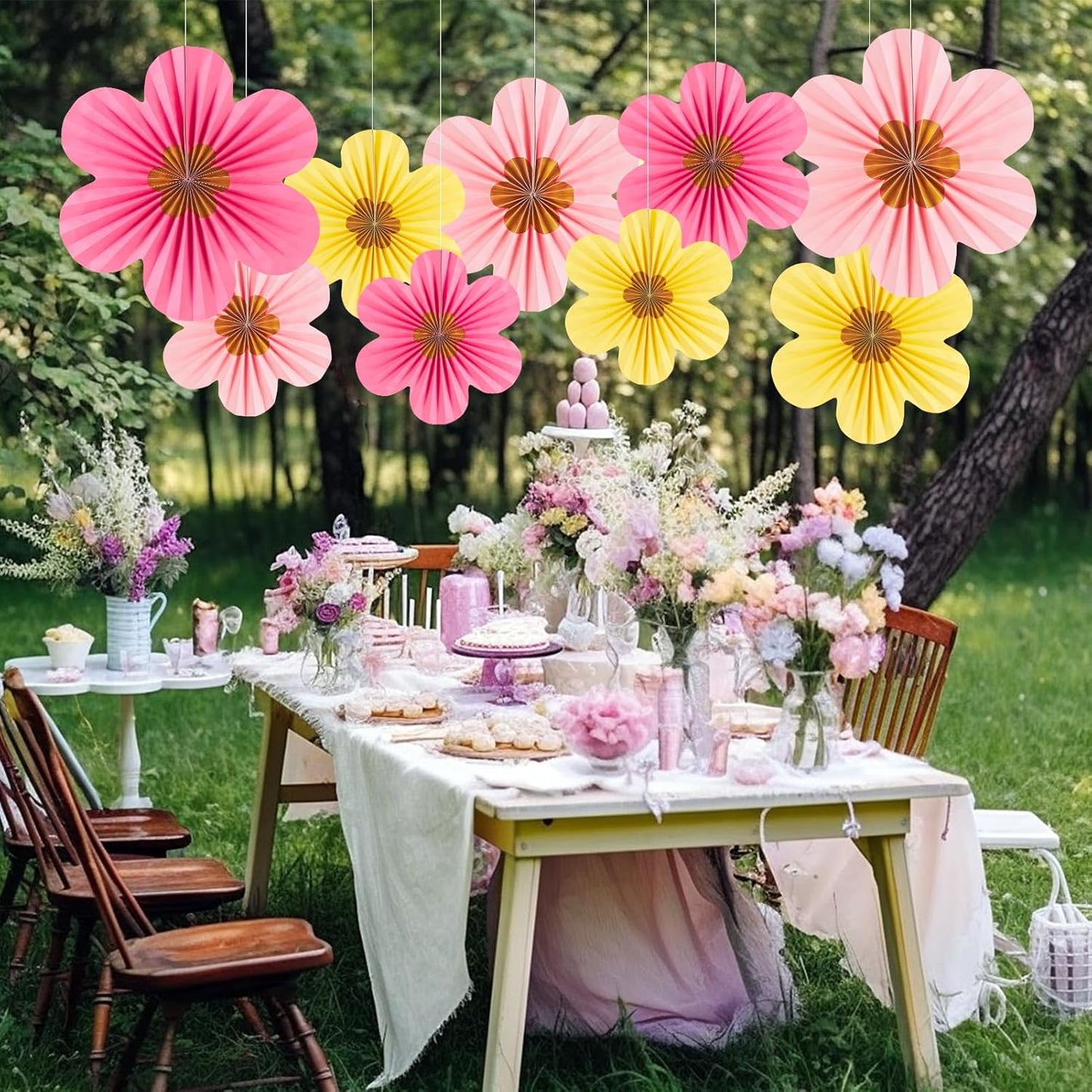 SUNBEAUTY Paper Flowers Decorations for Wall Gold Flower Party Decorations Hanging Fans Floral Backdrop Decor Mothers Day Birthday Wedding Baby Shower Decoration Wall Set of 9