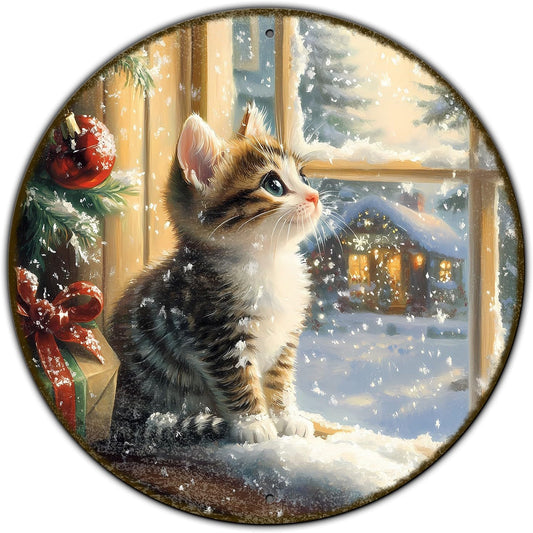 Round Christmas Sign Cats Vintage Metal Sign Christmas Kitten Retro Tin Sign Wall Decor for Home Office Bar Club Man Cave 12 * 12 in