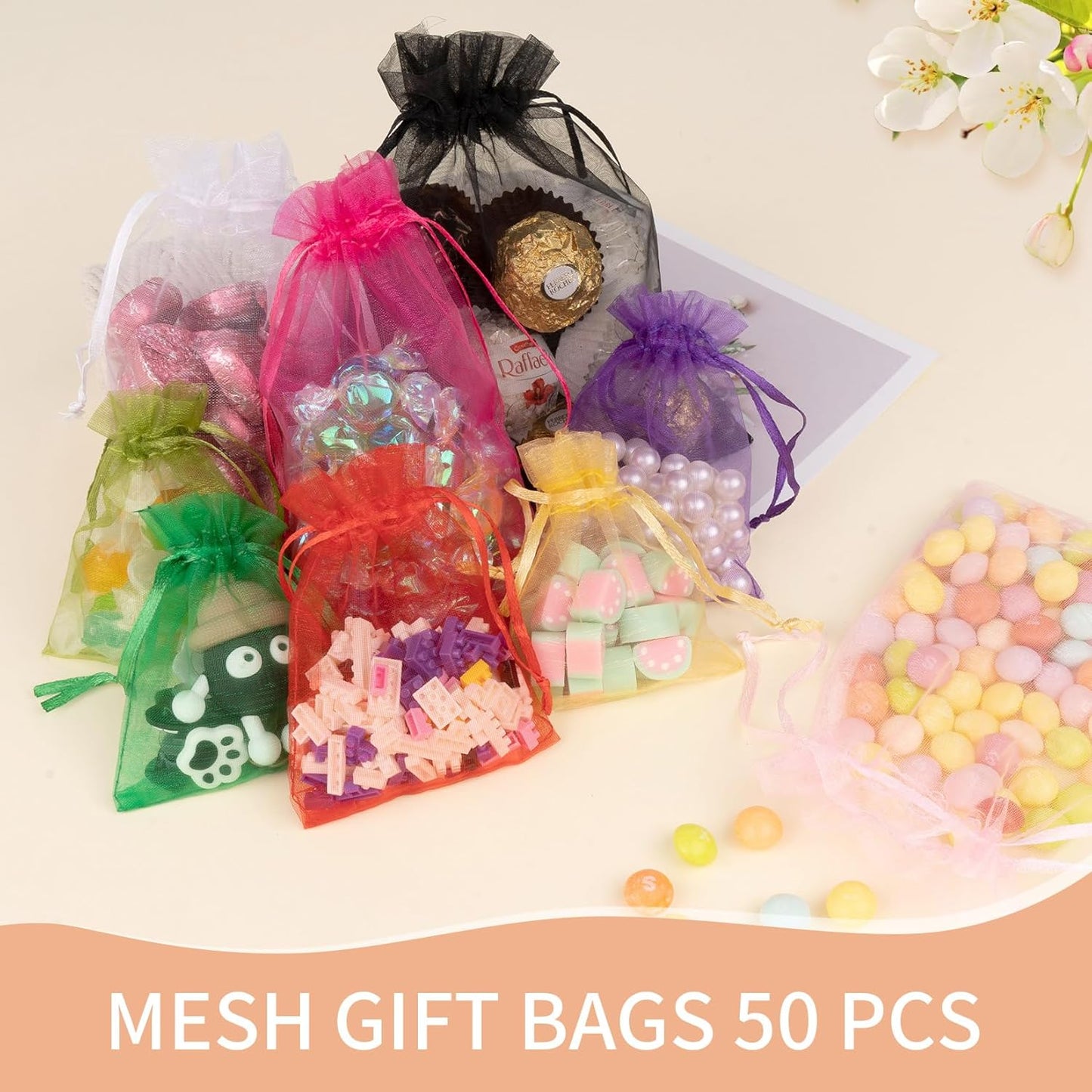 50 Pcs Pink Organza Bags 4x6 Inch, Jewelry Pouch Bags Small Mesh Bag Drawstring Gift Goody Bag for Party Favor Wedding
