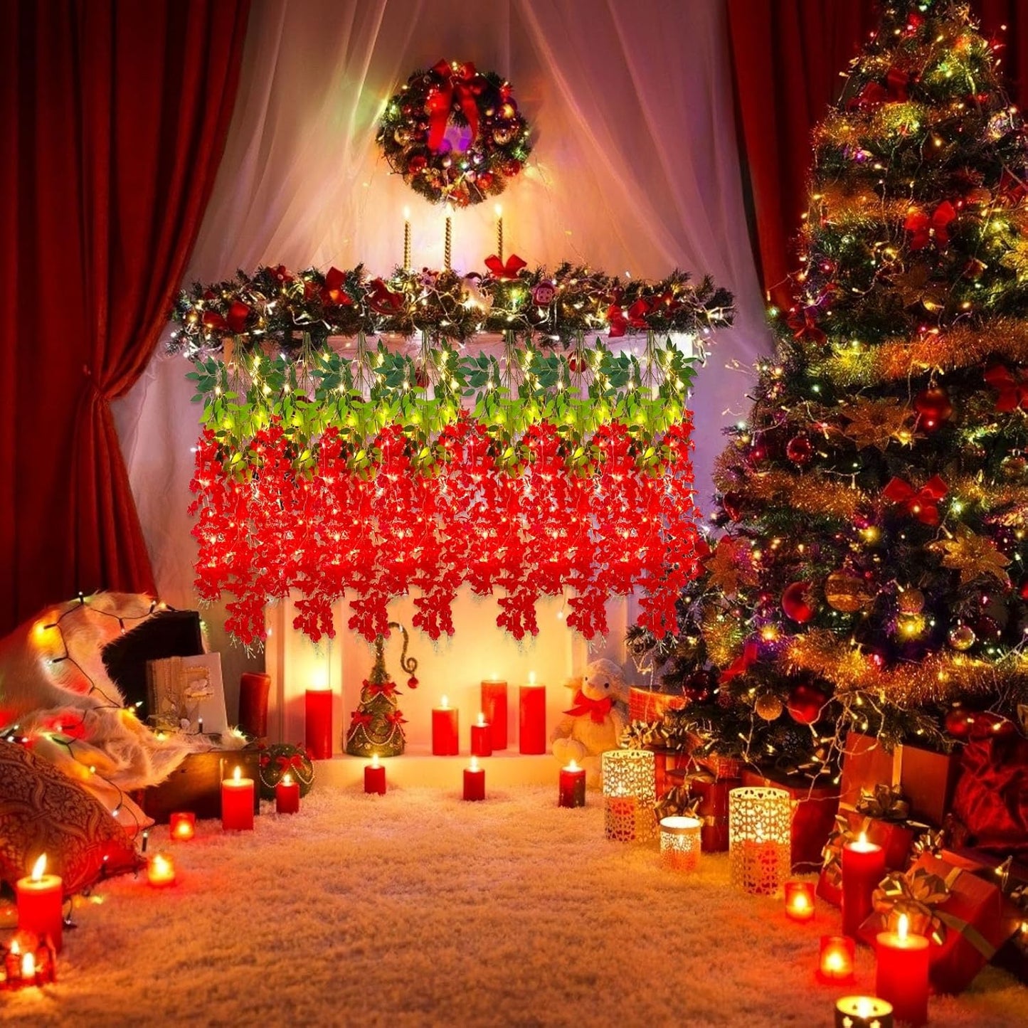 12 Pack Red Wisteria Hanging Flowers Garland with Lights, 3.44 Feet Artificial Flower Vines, Fake Wisteria, Artificial Vines Hanging Garland for Backdrop Outdoor Patio Garden Decor