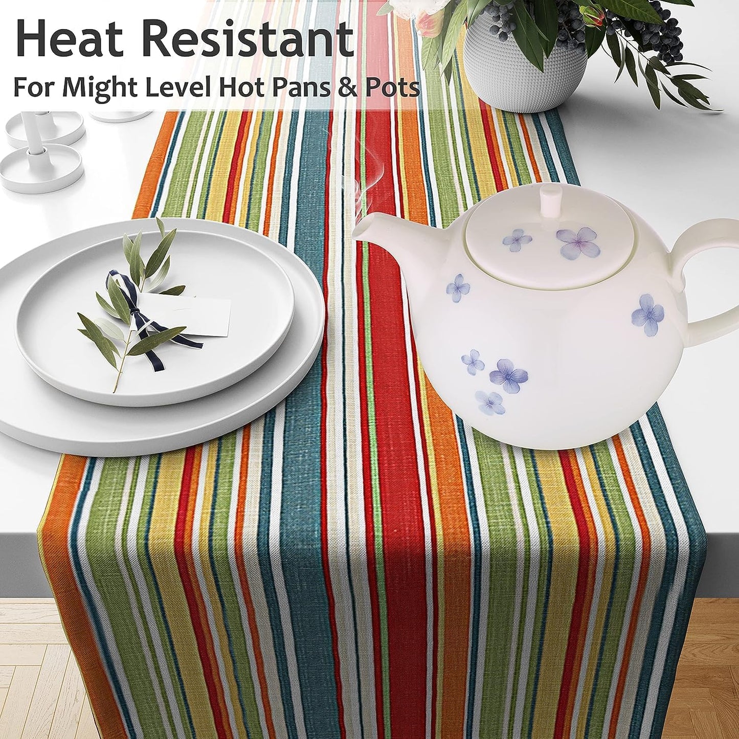 Ruvanti 100% Cotton Table Runner 60 Inches Long, Non-Slip, Stain Resistant, Washable & Reusable Table Runners Perfect for Wedding, Parties, Christmas, Holiday, in-Door use - Multi Stripe