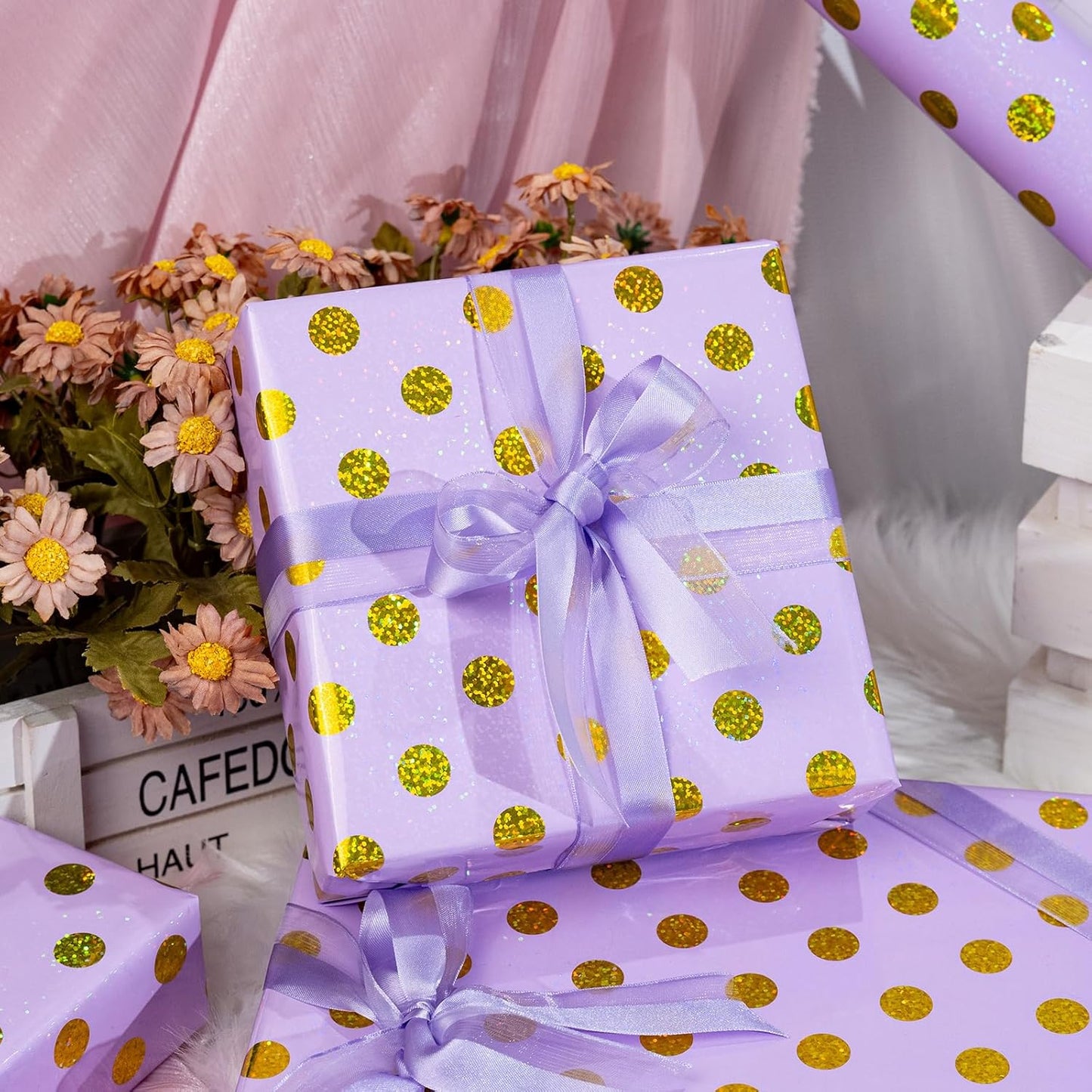 Burymento Purple Holographic Dots Wrapping Paper, Reversible Gold Gift Wrap for Birthday, Valentines, Mothers day, Graduation, Wedding, Fathers day, Baby Shower, Christmas (17in x 16.4ft)