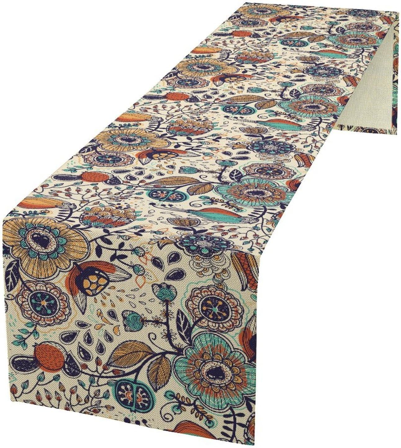 Boho Floral Table Runner,Vintage Flowers Tropical Plants Country Style Table Cloth Kitchen Dining Table Home Party Decoration 13x120 Inch