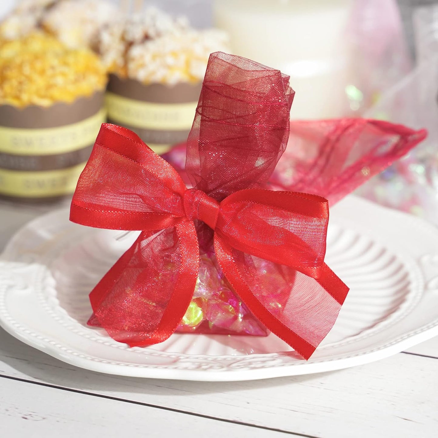 AIMUDI Red Bows for Crafts 4" Organza Bows Premade Twist Ties Bows for Gift Wrapping Crafts Treat Bags Baskets Cake Pop Baby Shower Birthday Wedding Christmas Decor - 12 Counts