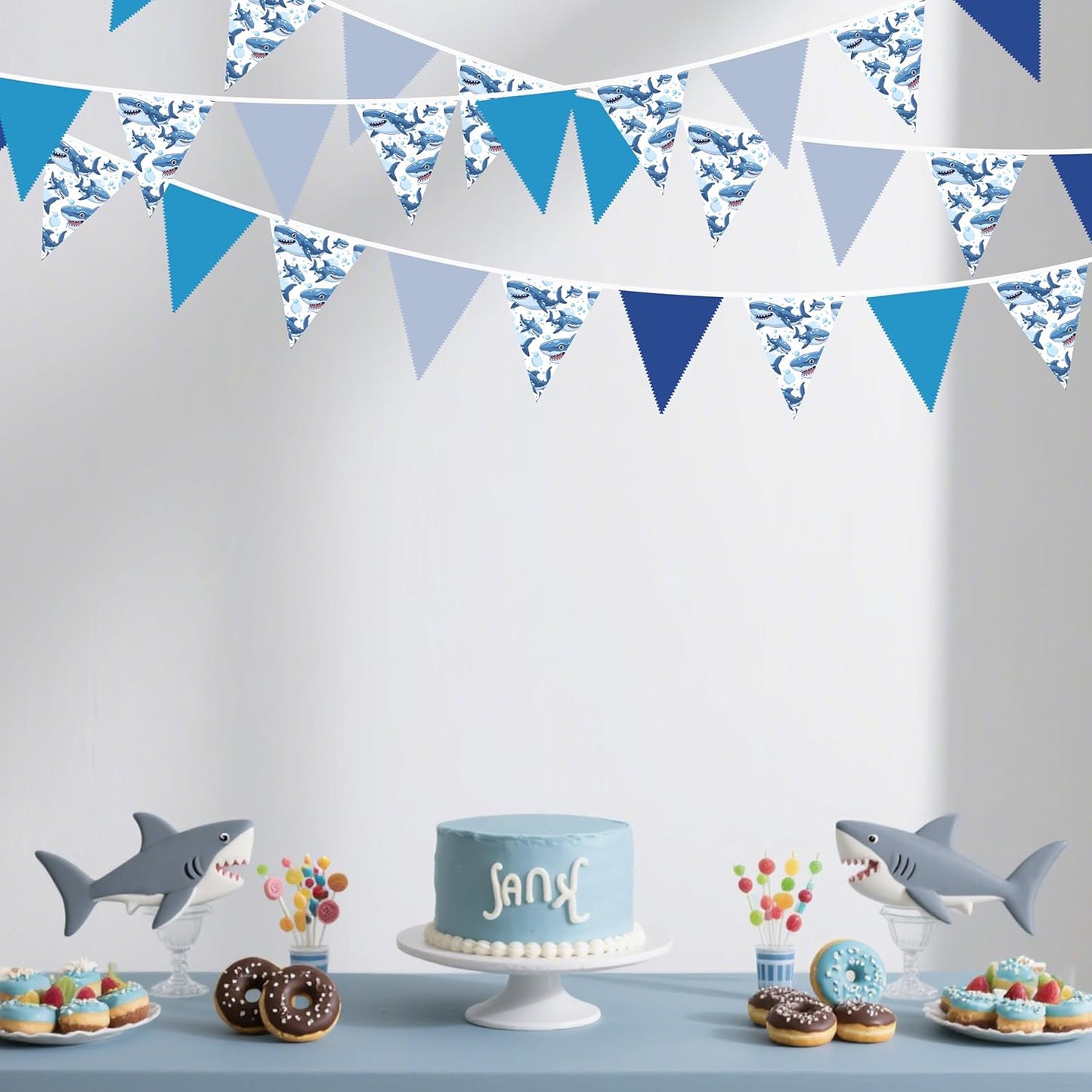 32Ft Shark Party Decorations Blue Cute Shark Triangle Flag Pennant Banner Fabric Garland Streamer for Kids Boys Ocean Birthday Sea Animal Nautical Baby Shower Under The Sea Party Decor Supplies