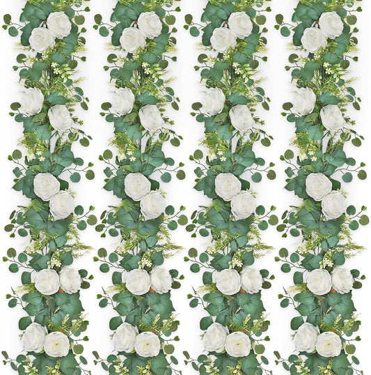 4PCS 6.23FT Artificial Eucalyptus Garland with Peony Flowers Fake Vines Floral Greenery Garland White Peonies Artificial Flowers for Centerpiece Table Runner Wedding Decor (White, 4PCS)