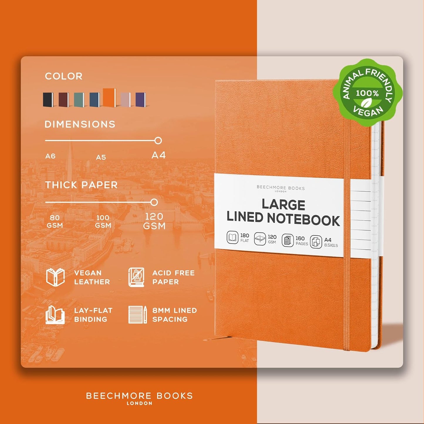 BEECHMORE BOOKS Lined Journal Notebook, 8.5 x 11.5 inch, A4 160 Lined Pages, Hardcover Leather Journals for Women, Men, Writing and Notebooks for Work - 120 GSM Thick Paper, Gifts Box Included