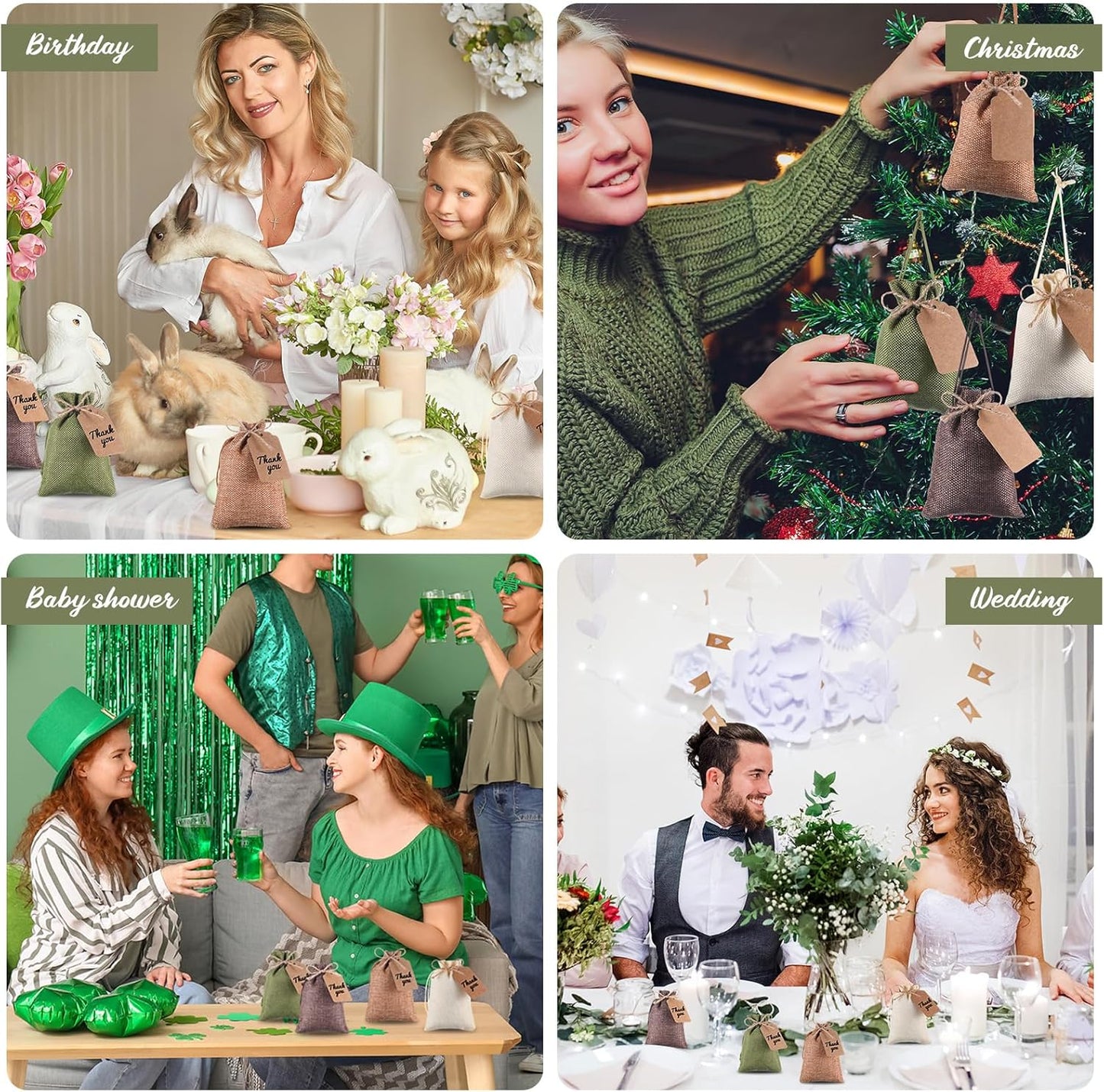 Woanger 100 Pcs Burlap Gift Bags with 100 Pcs Kraft Paper Gift Tags with Drawstring Favor Bulk Burlap Sack Bags for DIY Wedding Party Craft (4 x 6 Inch,Beige, Medium Brown, Dark Brown, Military Green)