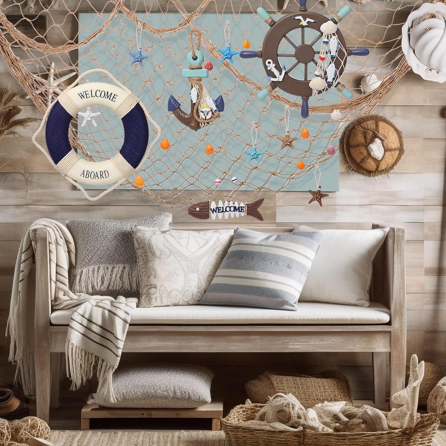 Marsui 11 Pcs Wooden Nautical Wall Decor Fishing Net Decoration, Include Decorative Fishing Net, Ship wheel, Fish Skeleton, Life Ring, Anchor, Starfish Beach Decor for Mediterranean Party (Brown)