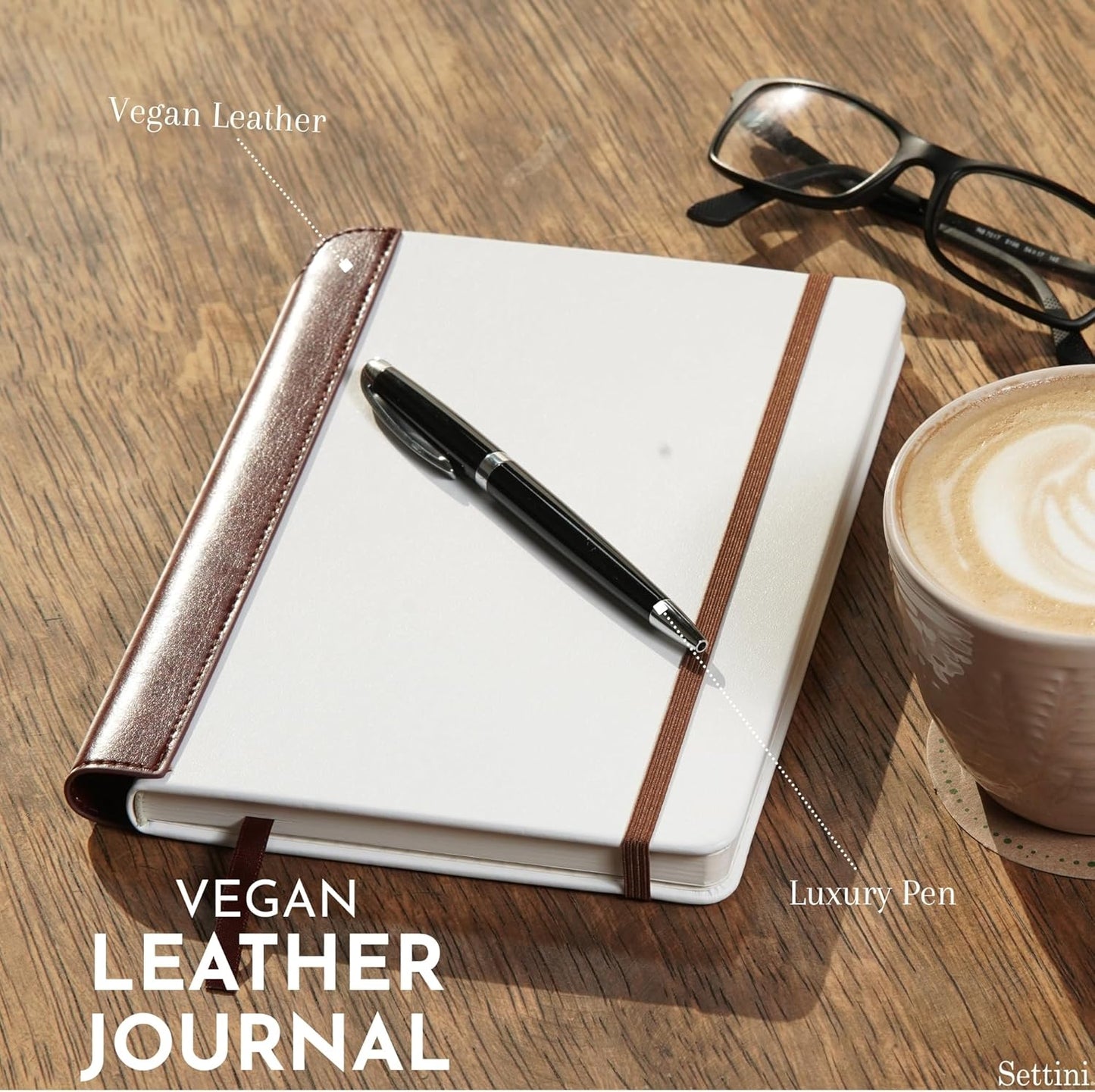 SETTINI® Lined Journal - Modern White Journal for Writing Gift Set - Hardcover Vegan Leather, Includes Luxury Pen in a Unique Pen Holder, 192 Pages, 6 x 8.5 inches, Birthday Gift