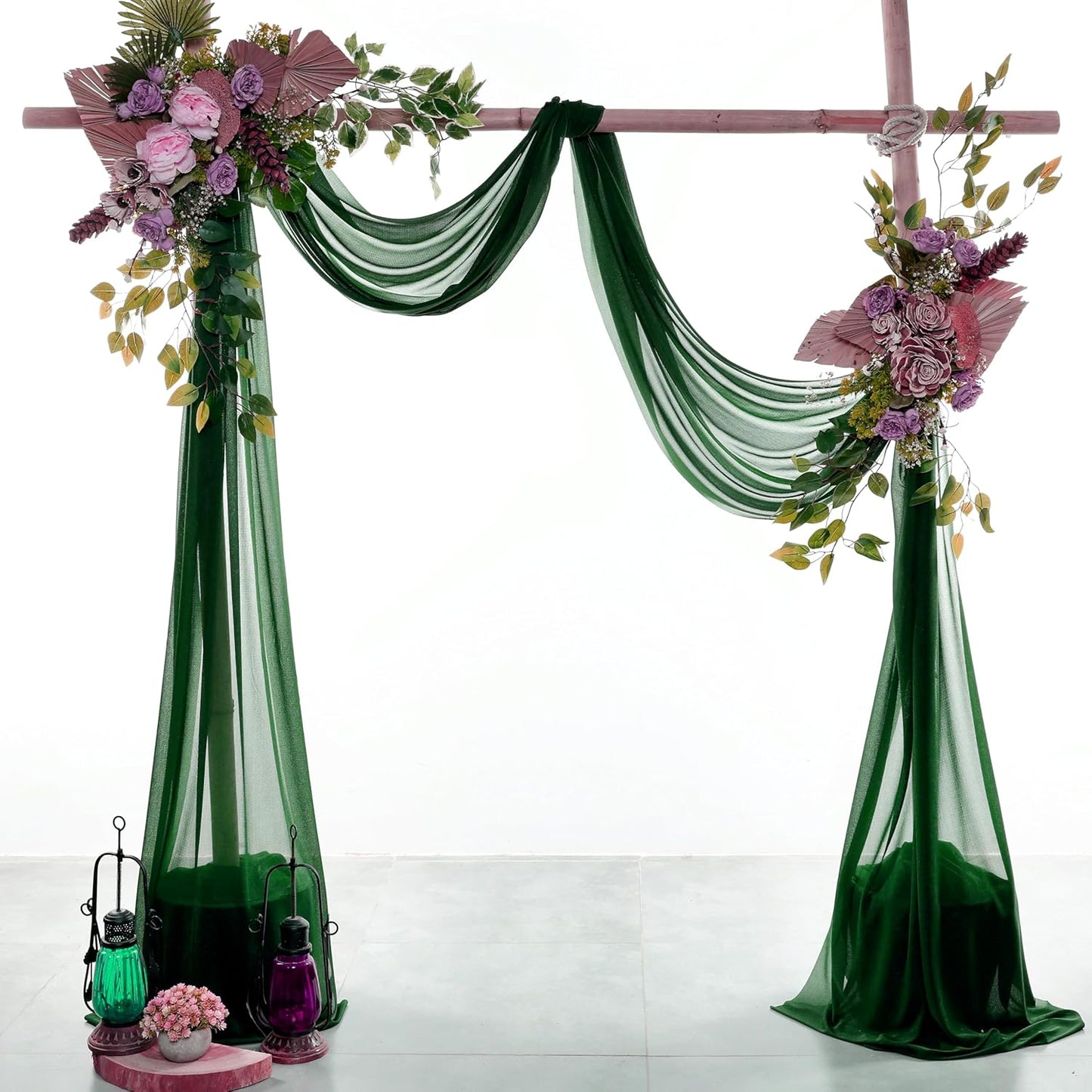 VDS Pack of 3 Panel (30 Inch X 20 Feet) Wedding Arch Draping Fabric Sheer Chiffon Fabric Drapery for Wedding Ceremony Reception Swag Backdrop Canopy Chuppah ARBO Altars Decoration (Hunter Green)