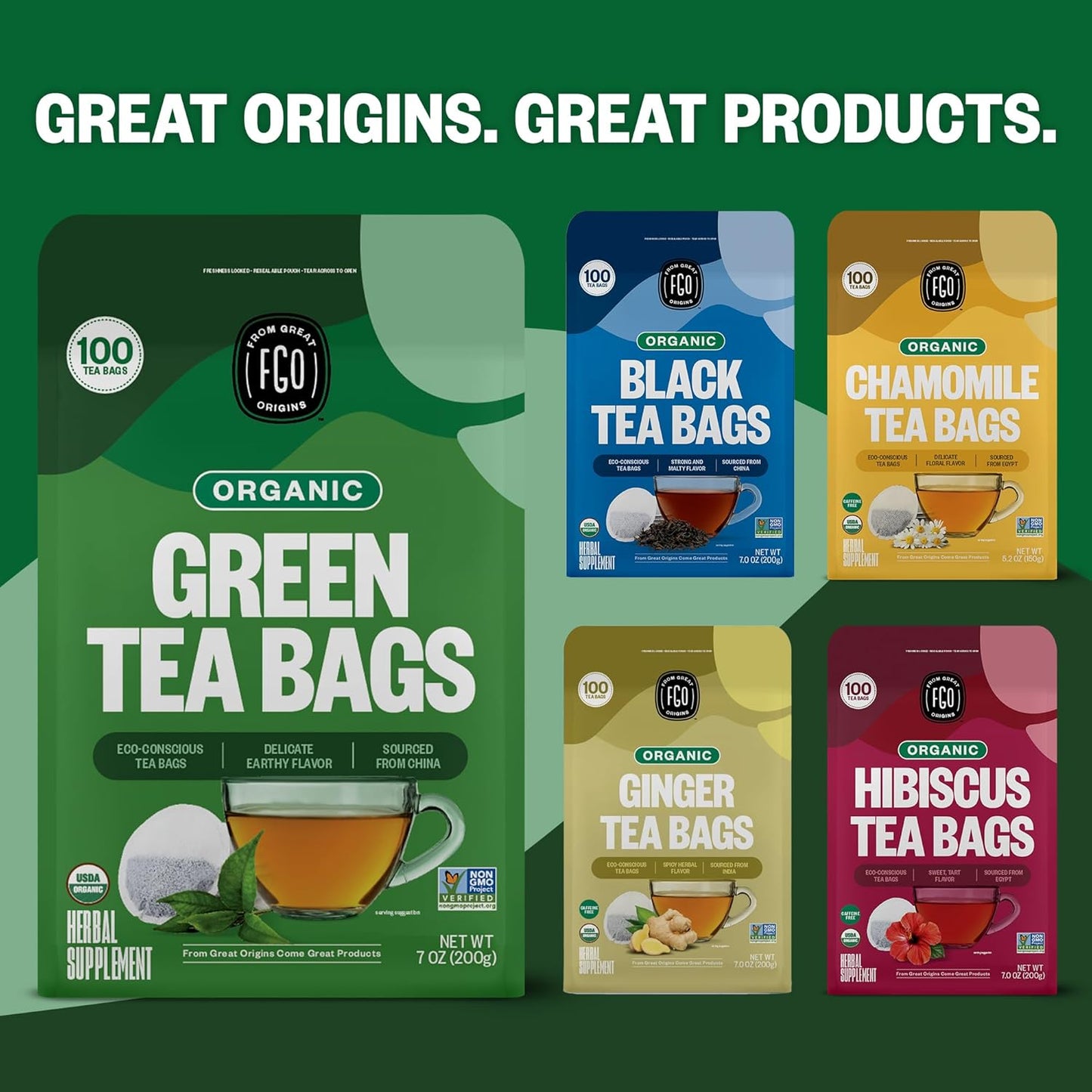 FGO Organic Green Tea, 20 Count Eco-Conscious Tea Bags, Caffeinated, Resealable Pouch, Packaging May Vary (Pack of 1)
