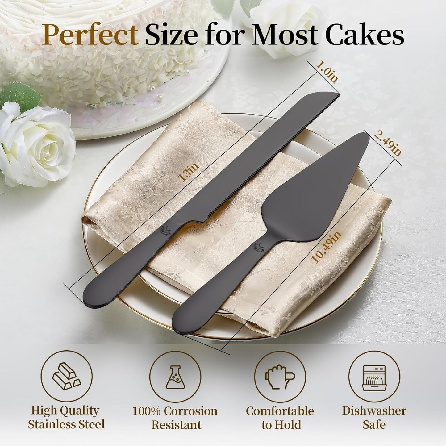 Cake Cutting Set for Wedding - Extended Cake Knife and Server Set Thickened Stainless Steel 13.0" Cake Cutter 10.49" Pie Spatula Great for Birthday Anniversary Christmas Gift 2 Pcs Matte Black