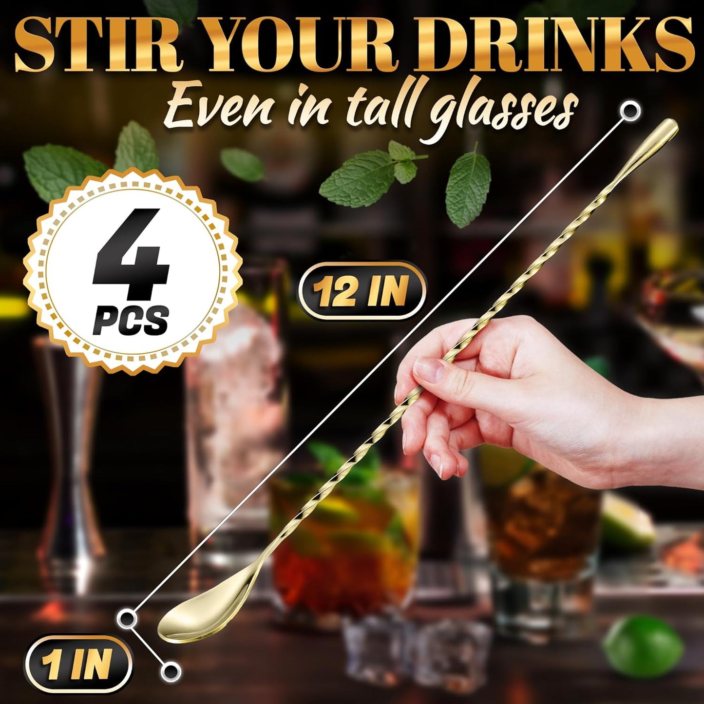 Bar Spoon Set of 4 – Gold Coffee Spoons for Pro and Home Use, Polished Stainless Steel Stirring Spoons with Twisted Spiral Handle - Cocktail Stirrers for Drinks Like Coffee, Smoothie, and Iced Tea